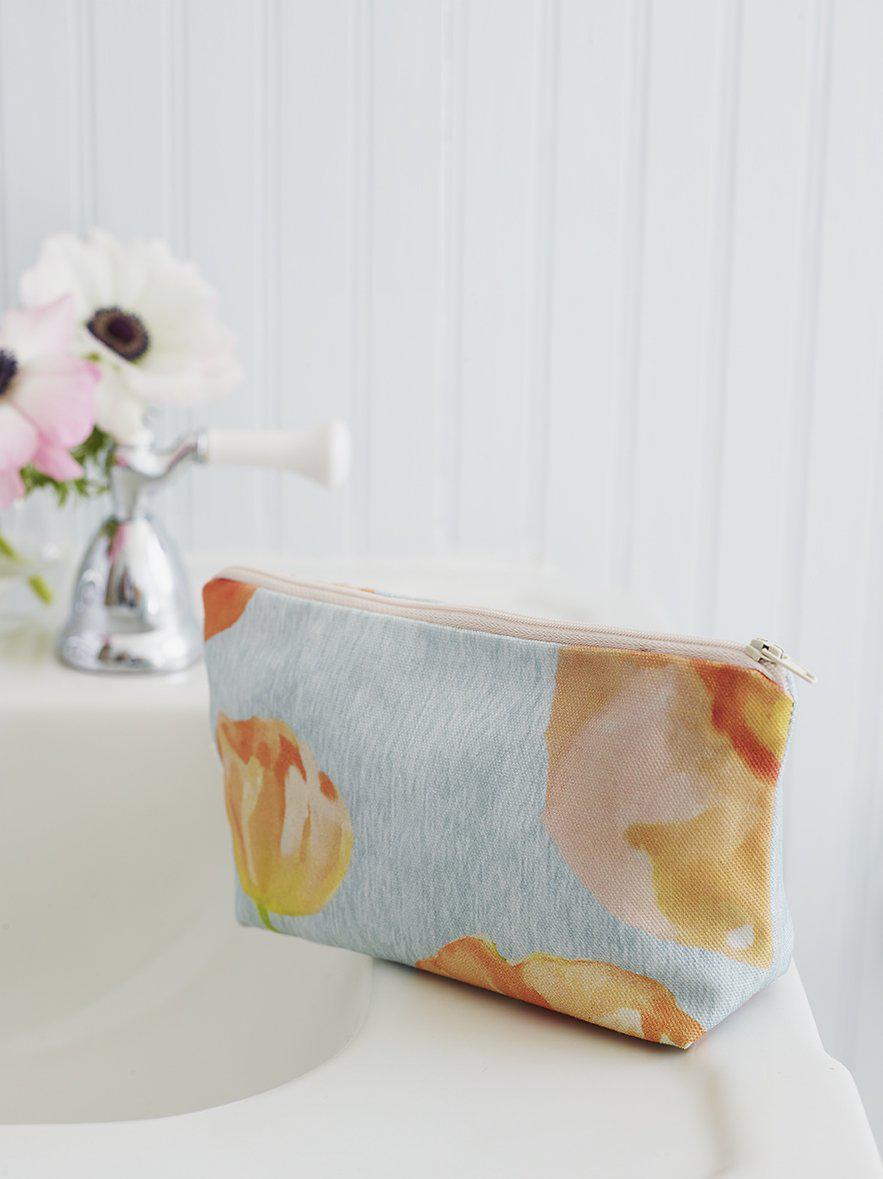 Peach Poppies Makeup Bag in Grey