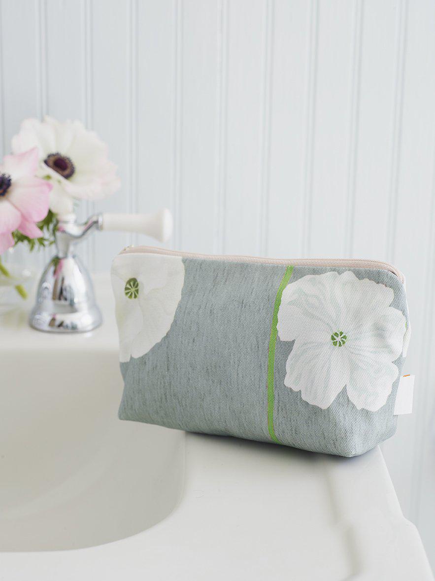 White Poppies on Grey Cotton Canvas Makeup Bag