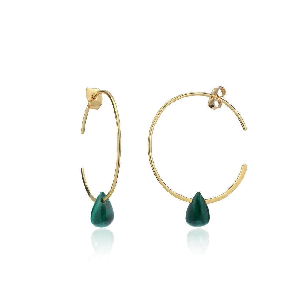 Hera Wire Hoop Earrings with Teardrop Stone: Gold Malachite