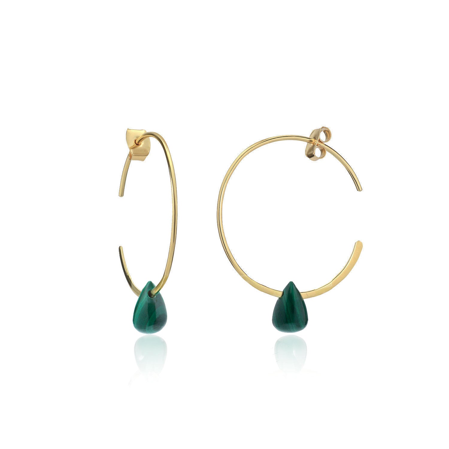 Hera Wire Hoop Earrings with Teardrop Stone: Gold Malachite