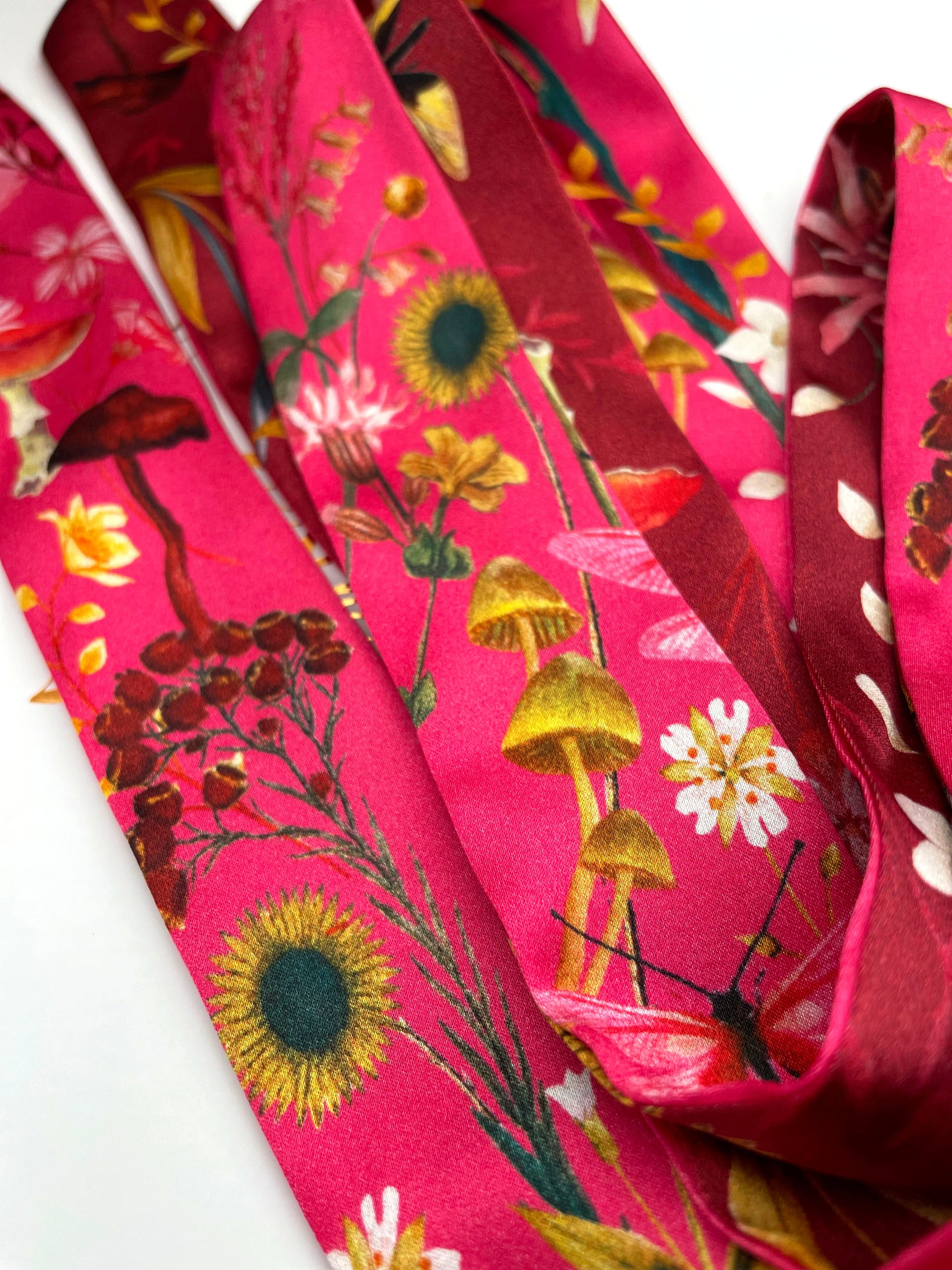 Hot Pink Silk Satin Ultra Skinny Scarf with Sunflowers