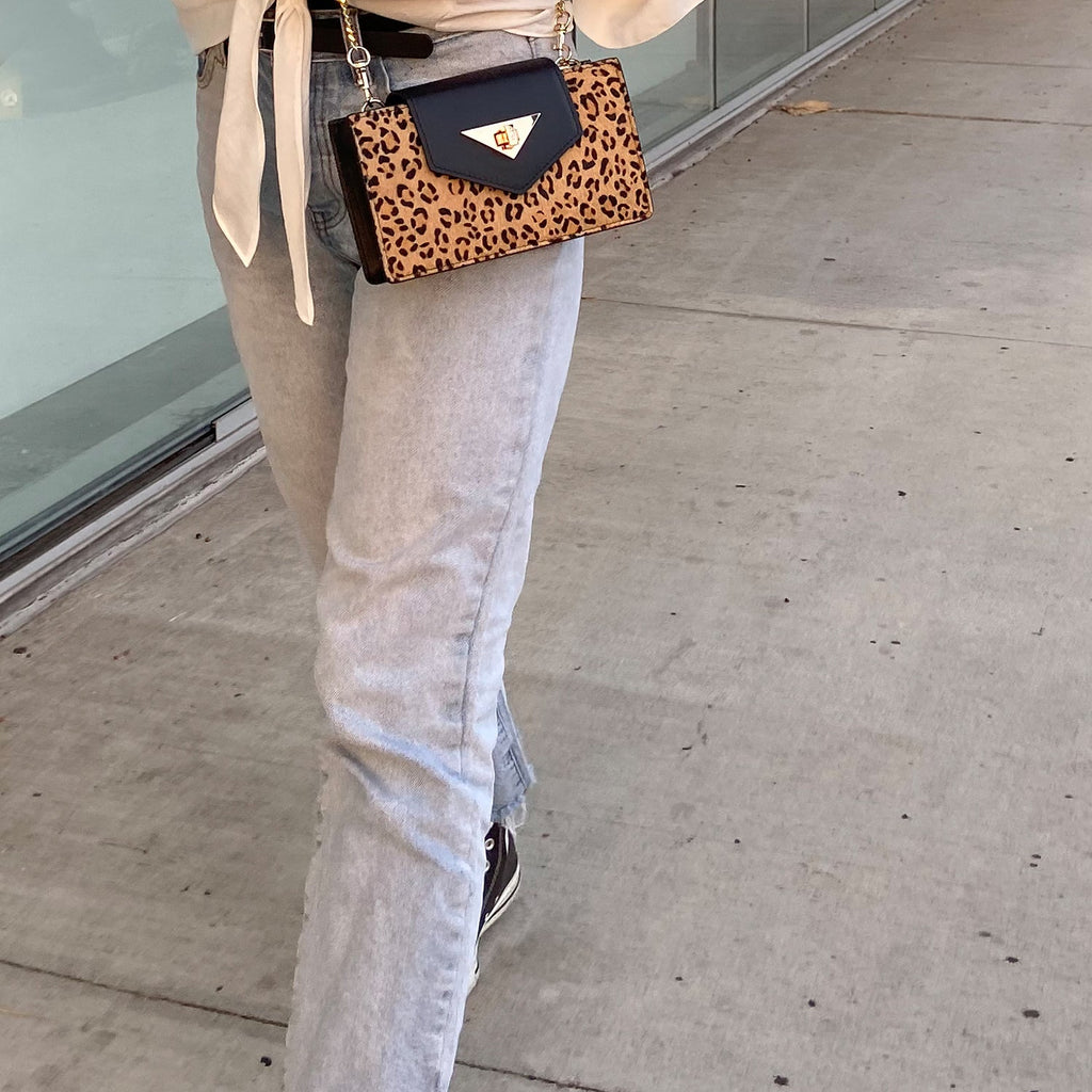 Mini Crossbody Bag Leopard Print Black Leather Wristlet