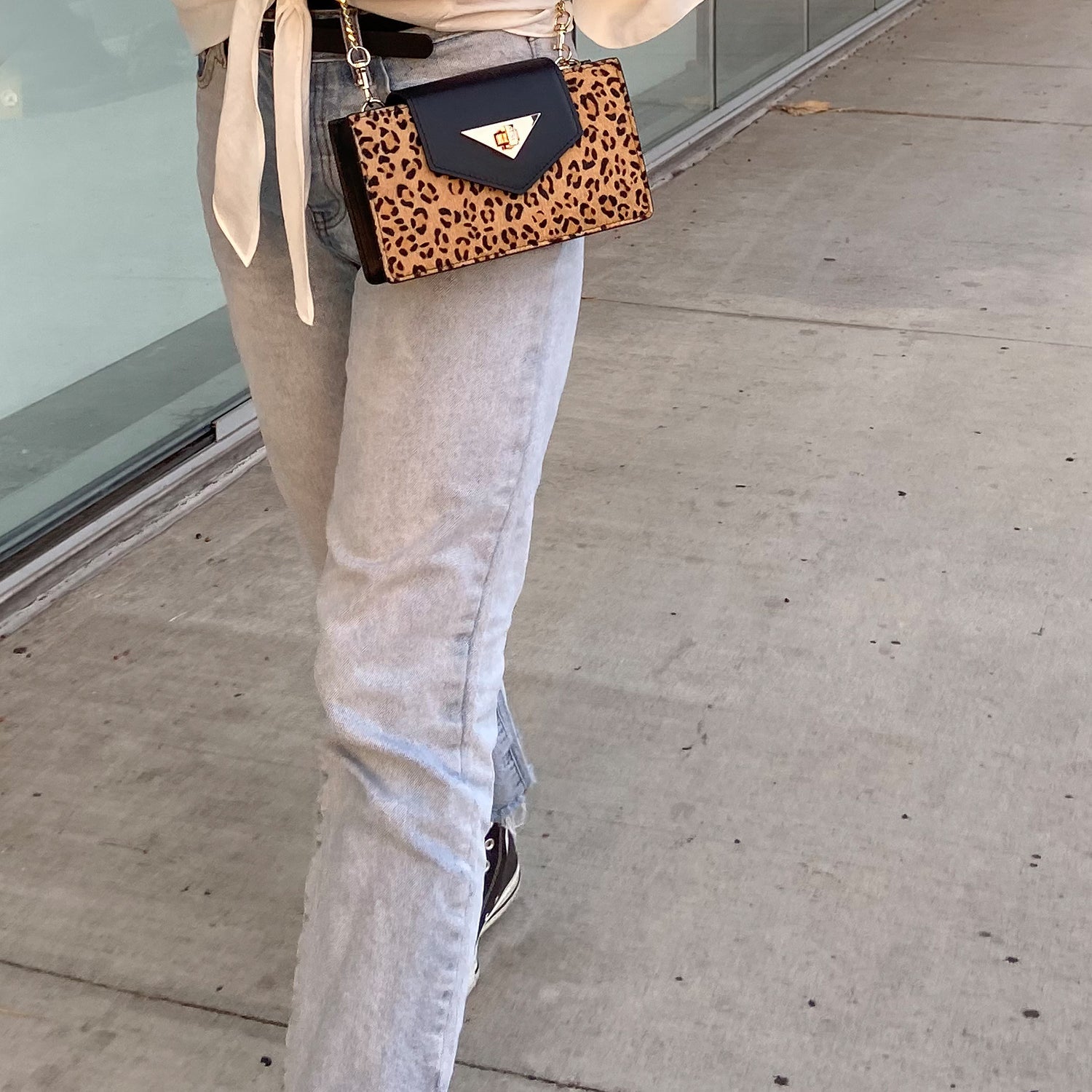 Mini Crossbody Bag Leopard Print Black Leather Wristlet