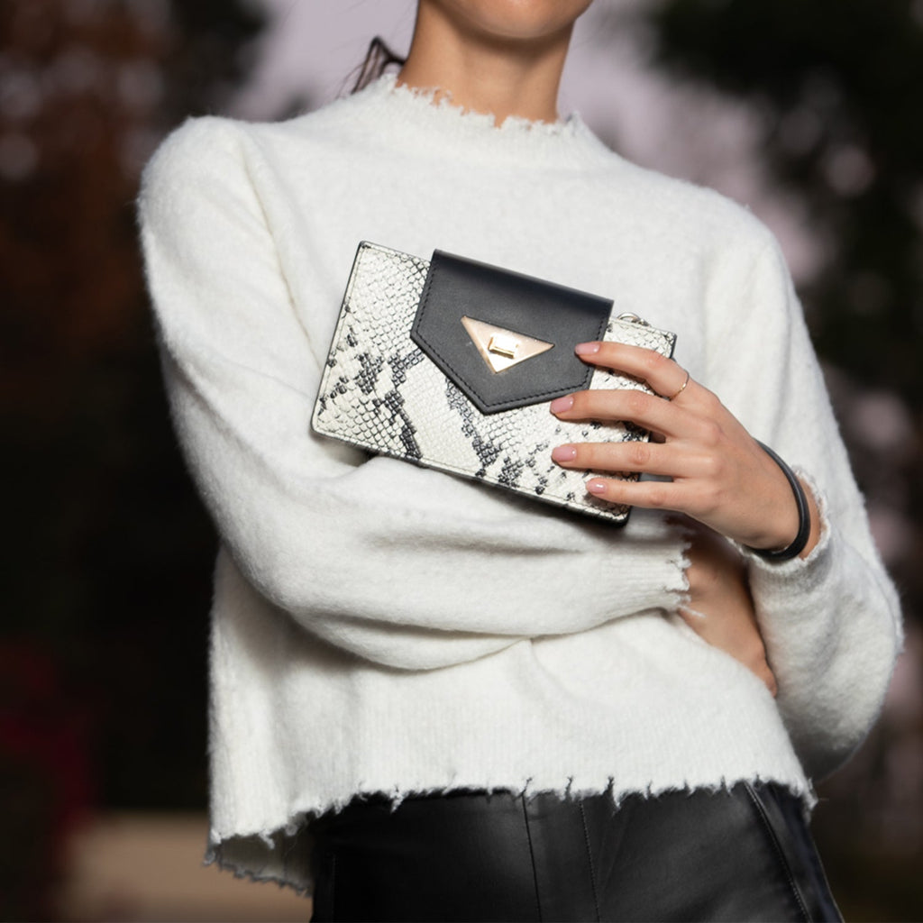 Mini Snakeskin Crossbody Bag Black Leather Wristlet