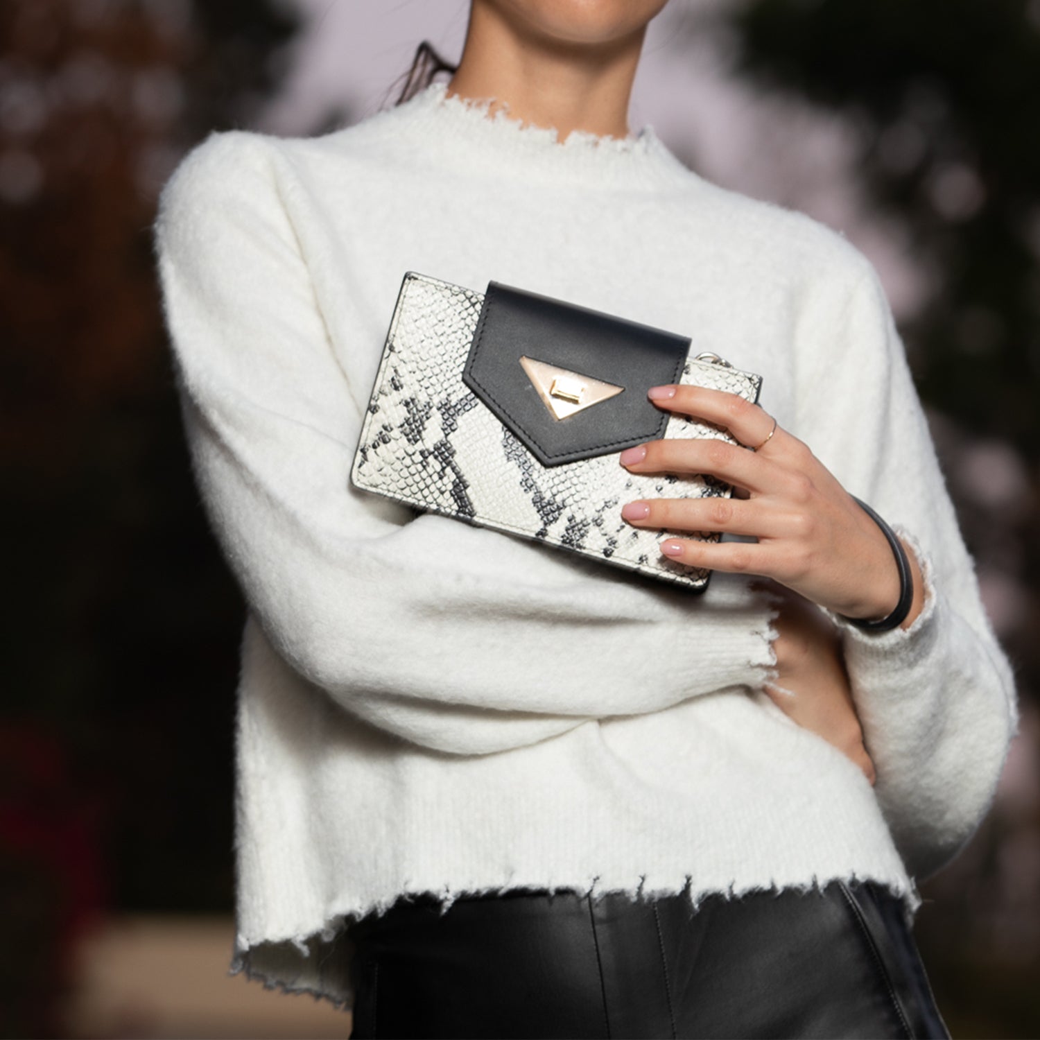 Mini Snakeskin Crossbody Bag Black Leather Wristlet