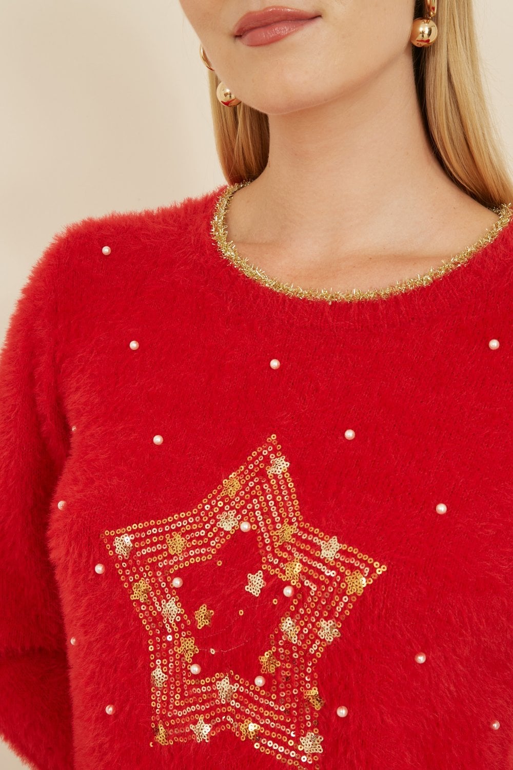 Mela Red Fluffy Star Christmas Jumper
