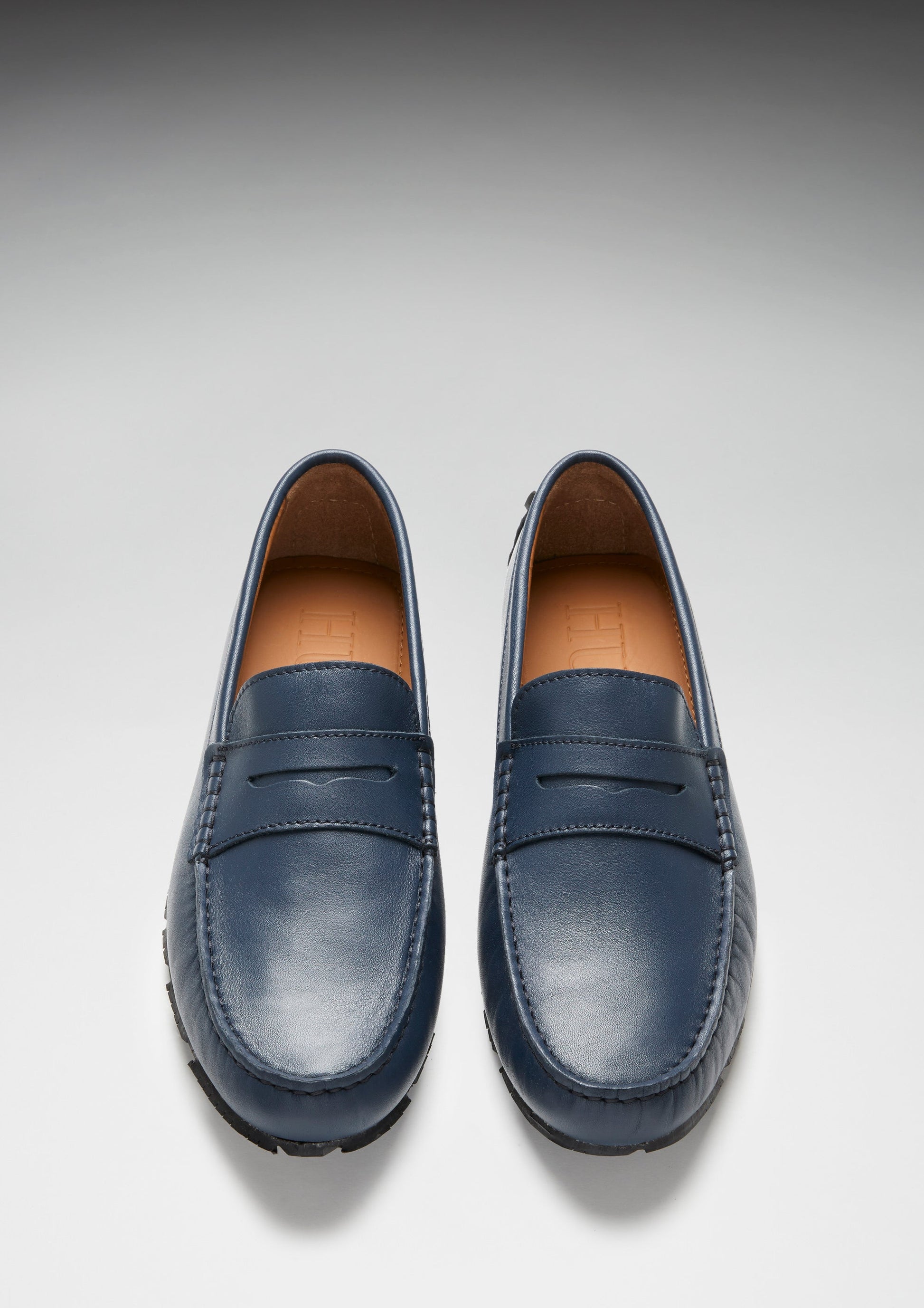 French Navy Leather Penny Driving Loafers