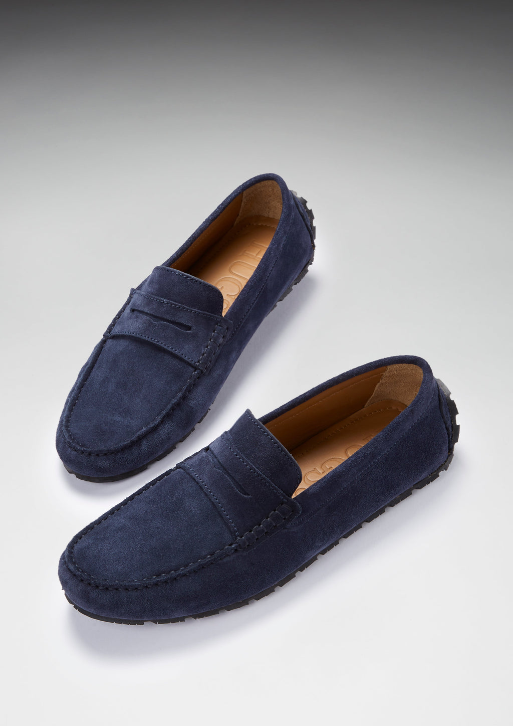 Navy Blue Suede Penny Driving Loafers