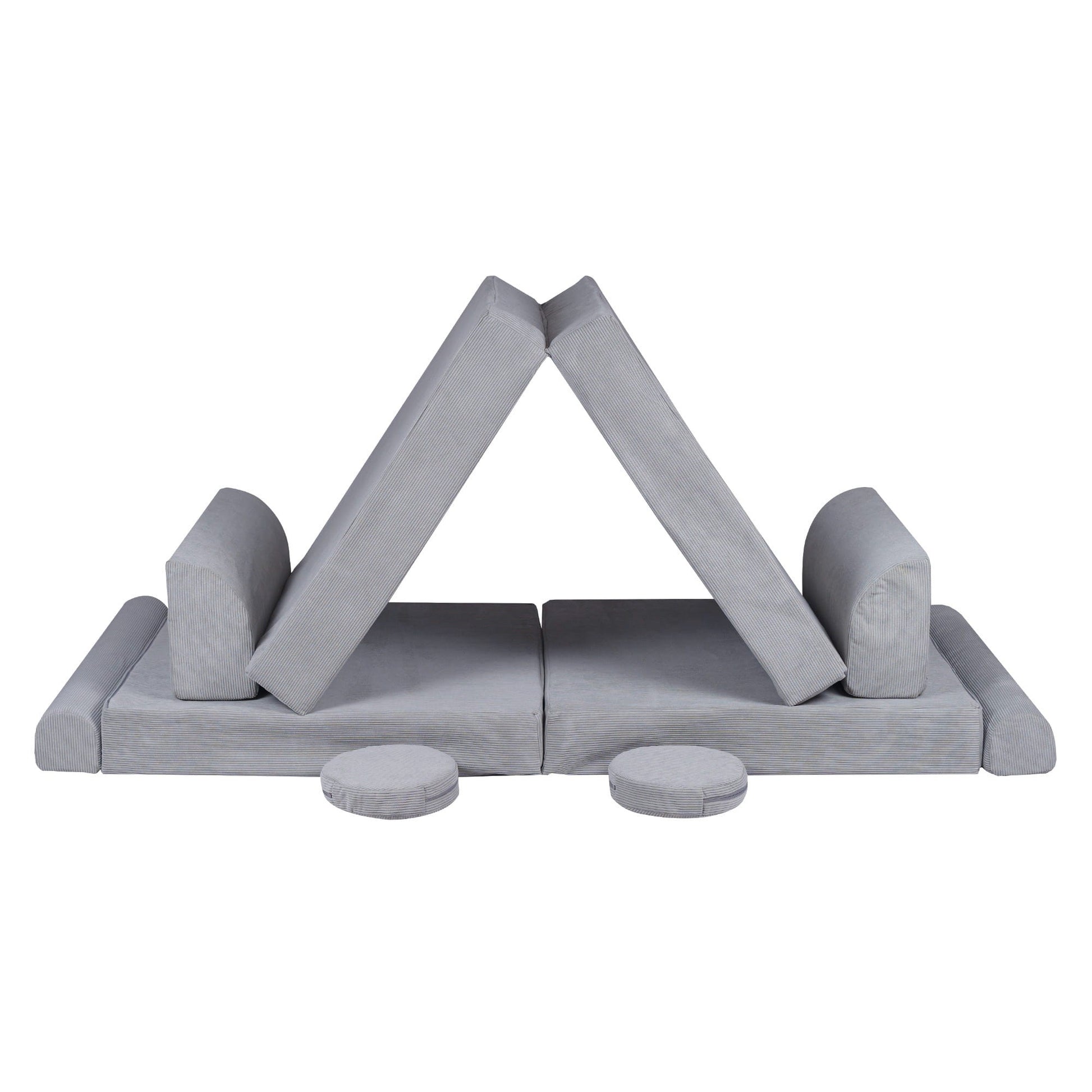 bold gray corduroy kids sofa bed in dramatic studio lighting showcasing its modern, minimalist frame