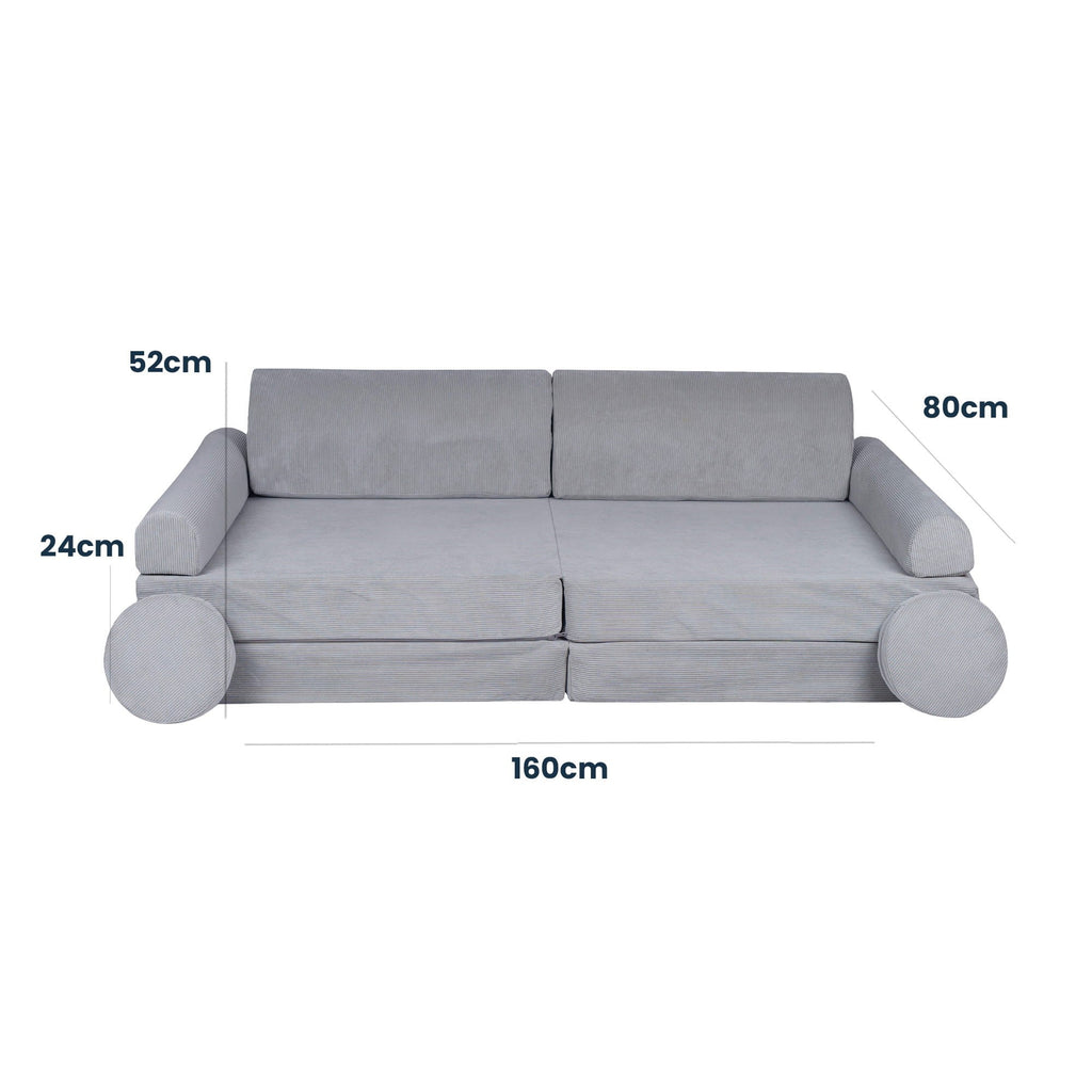 elegant gray corduroy kids sofa bed in a refined nursery setting with soft ambient lighting