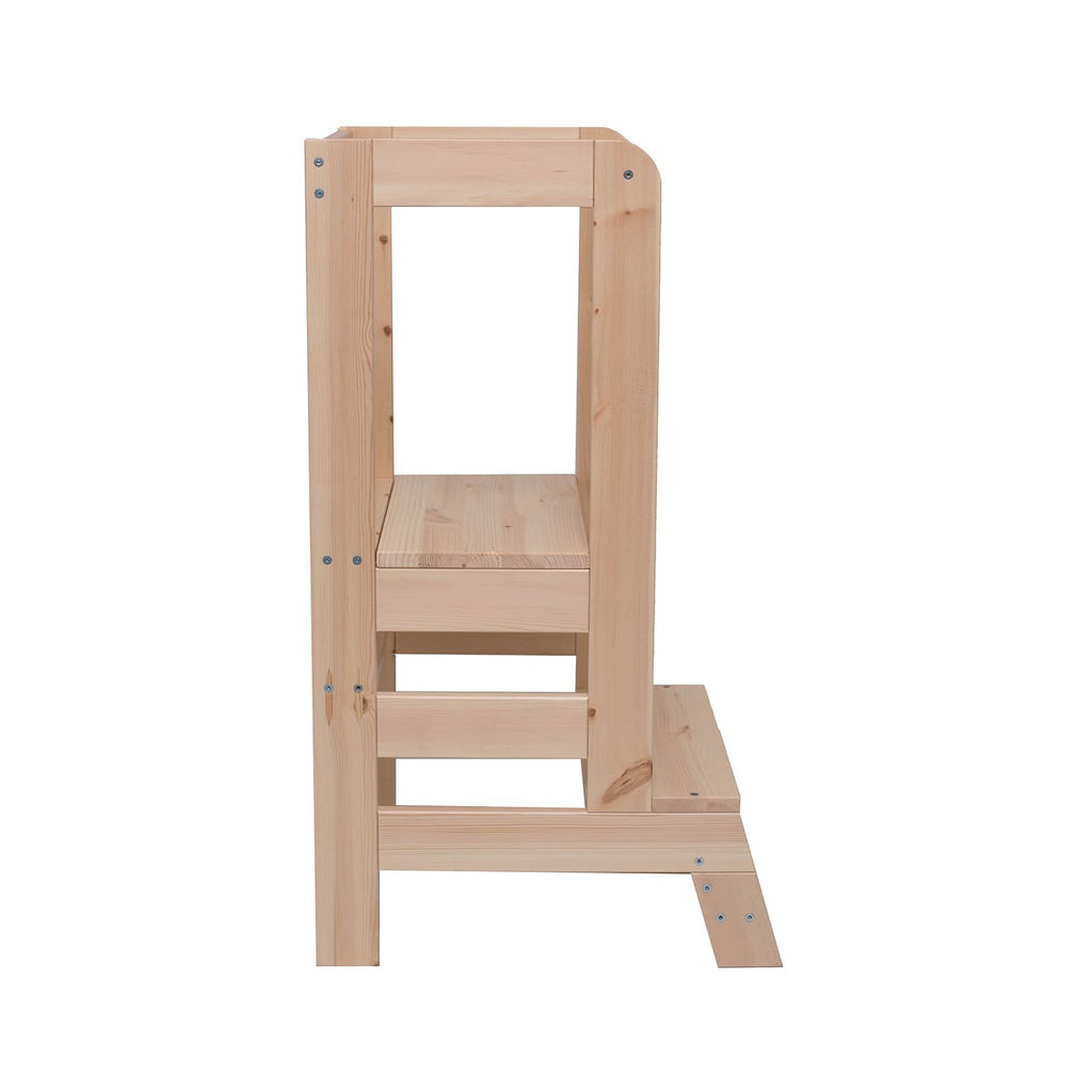 close-up of the meowbaby kitchen helper's sturdy pine wood construction and tool-free height adjustment mechanism