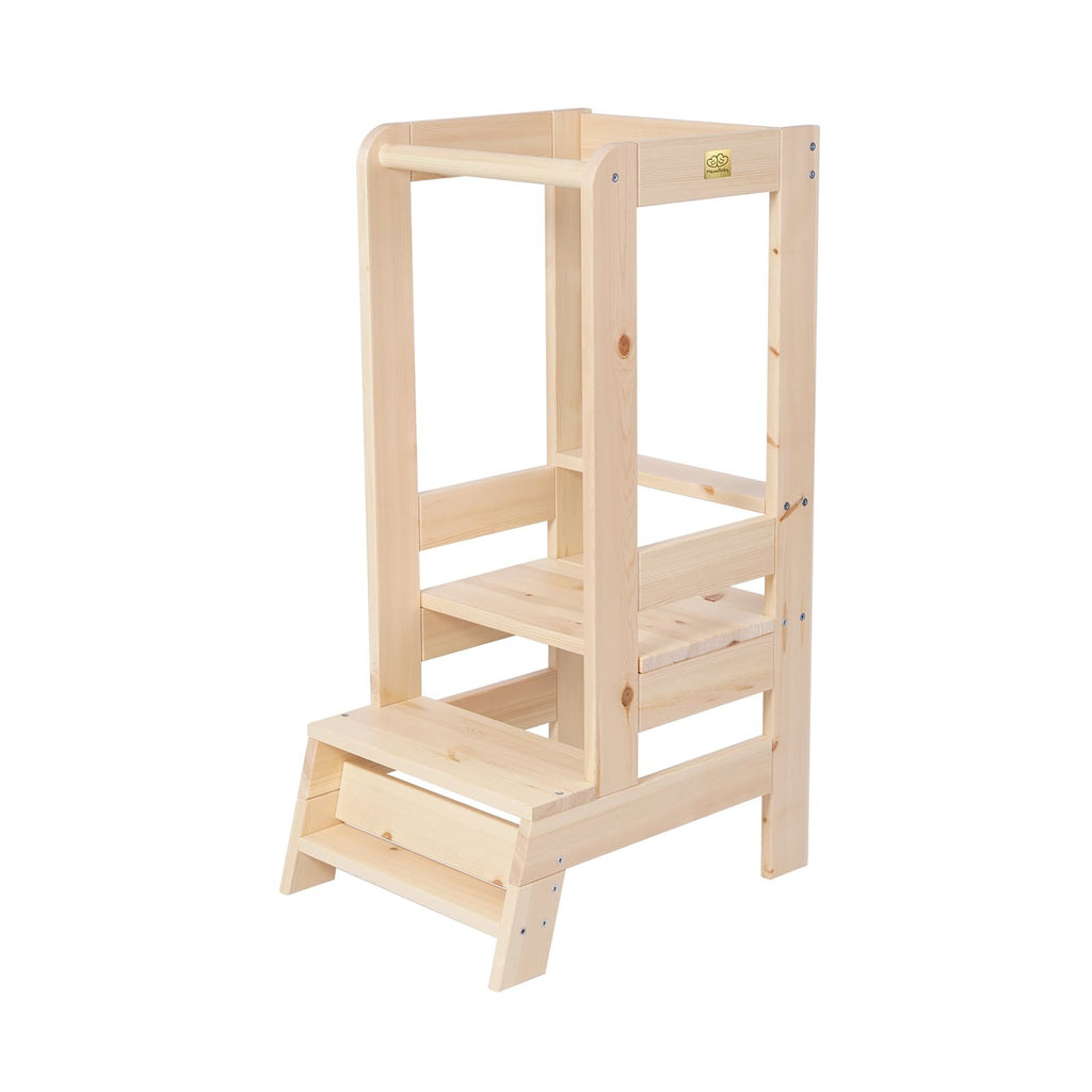 meowbaby kitchen helper stool in a warm, sunlit kitchen with a child reaching for ingredients