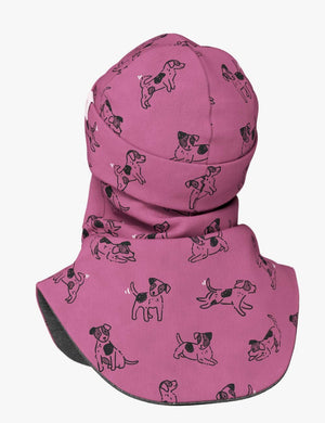 bold close-up of a pink dogs print merino balaclava for kids