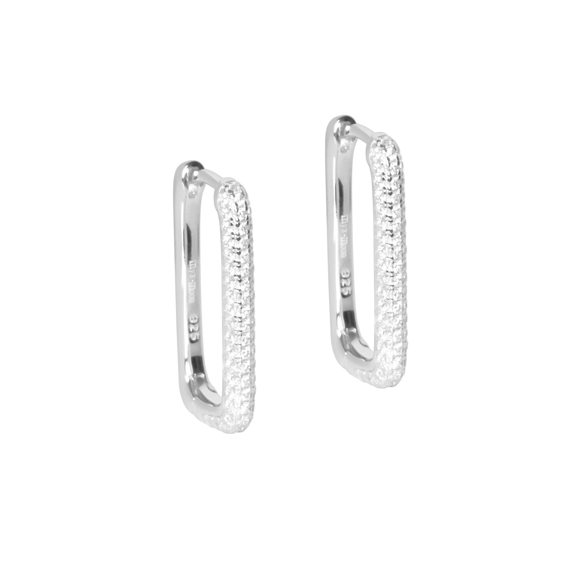 bold sterling silver hoop earrings with 124 white zircons catching the light