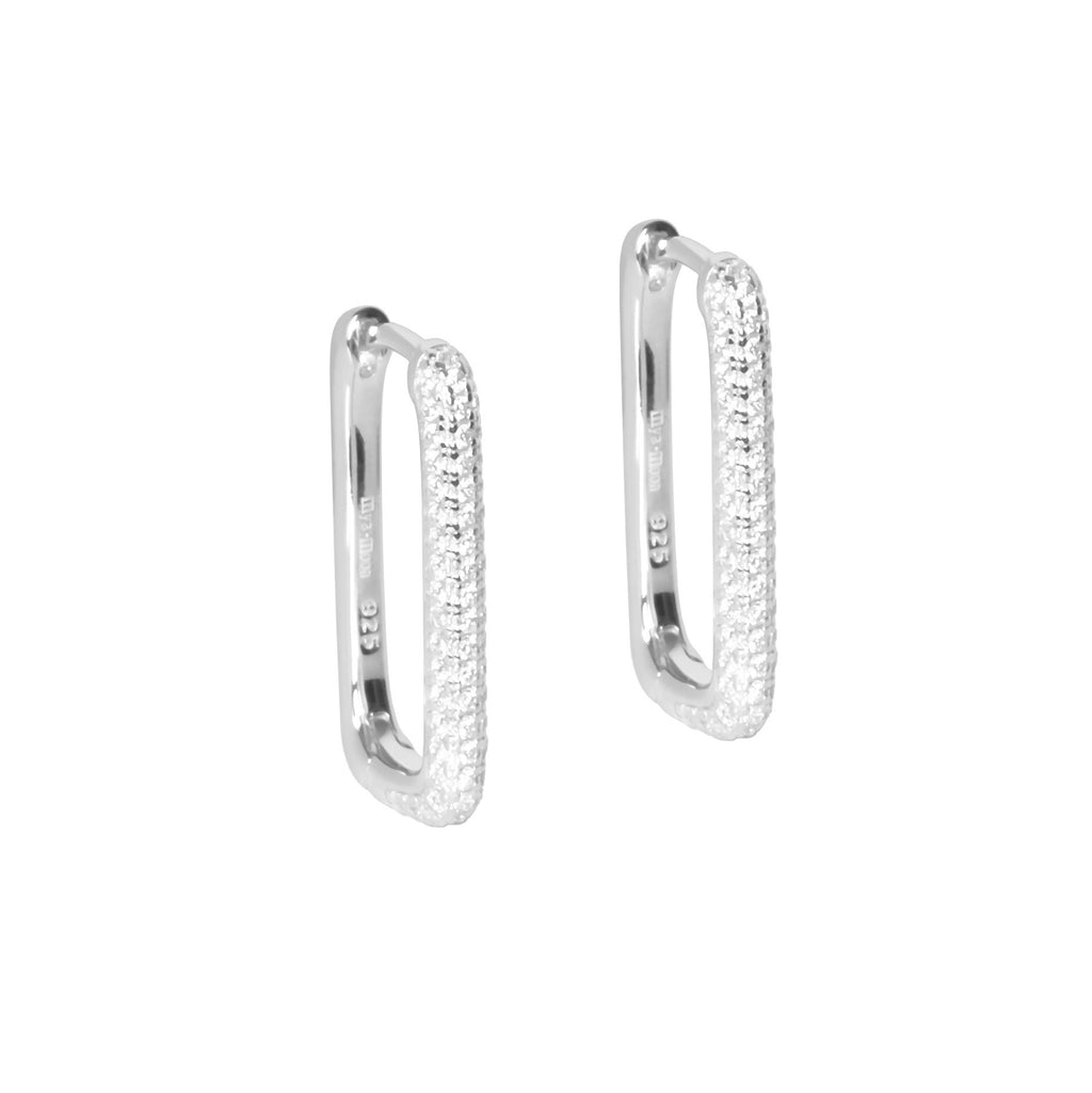 bold sterling silver hoop earrings with 124 white zircons catching the light