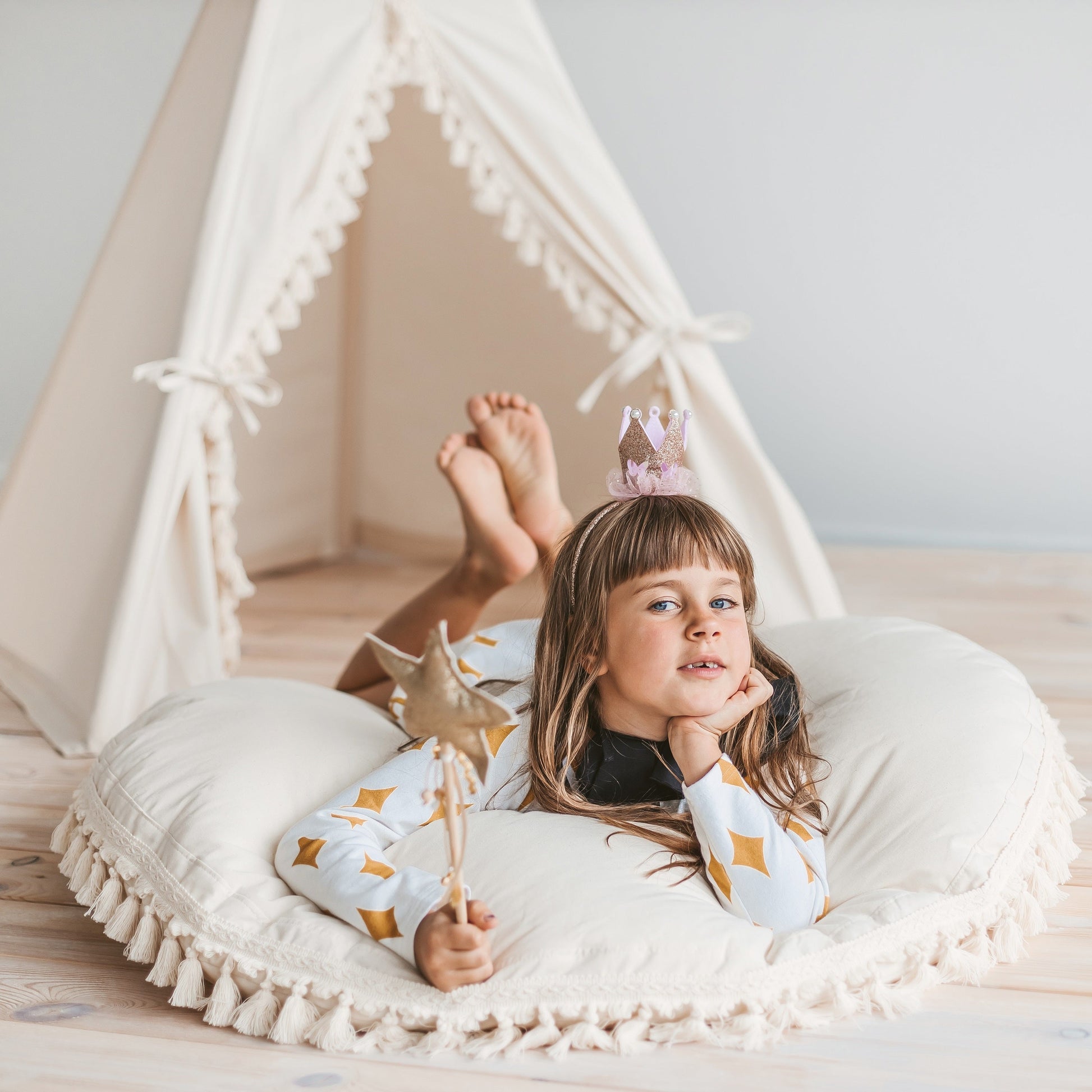 Large Floor Cushion with Tassels in Ecru