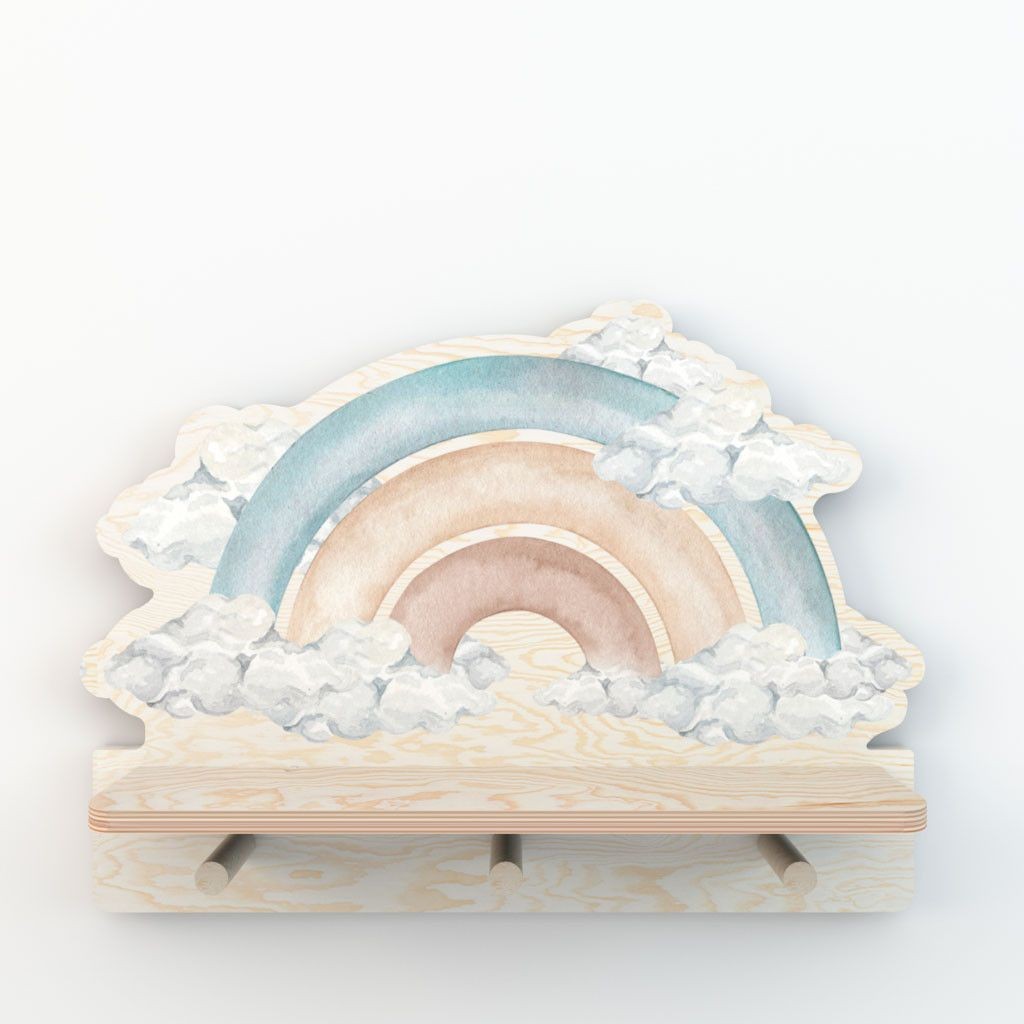 playful blue rainbow wall shelf with a happy dinosaur sticker, seen from a fun low angle in a bright kids room