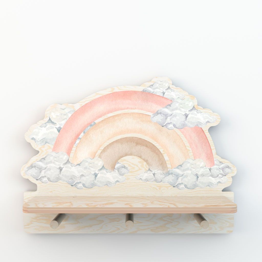 practical pink rainbow wall shelf with three pegs holding a bag and accessories