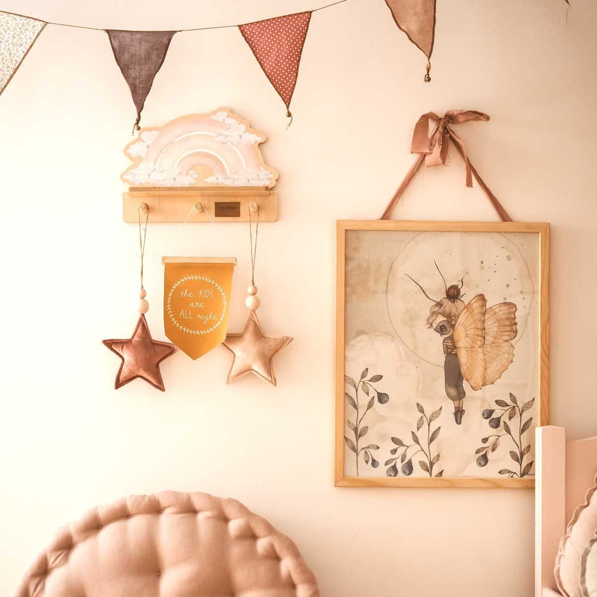 soft morning light on a pink rainbow shelf with a friendly dinosaur, holding a childs small plush toy