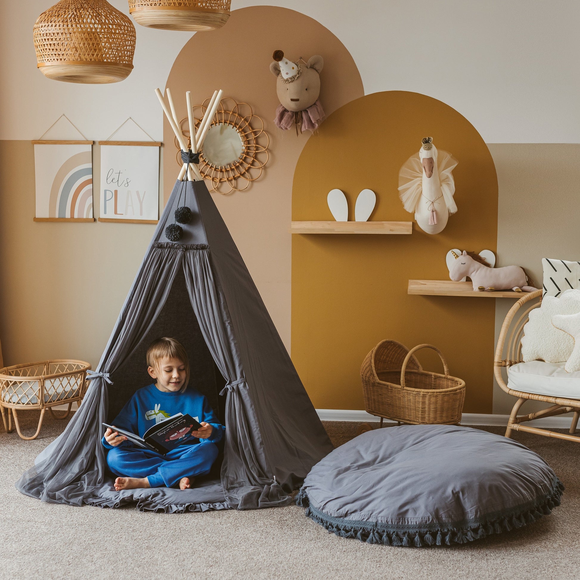Large Floor Cushion with Tassels in Grey