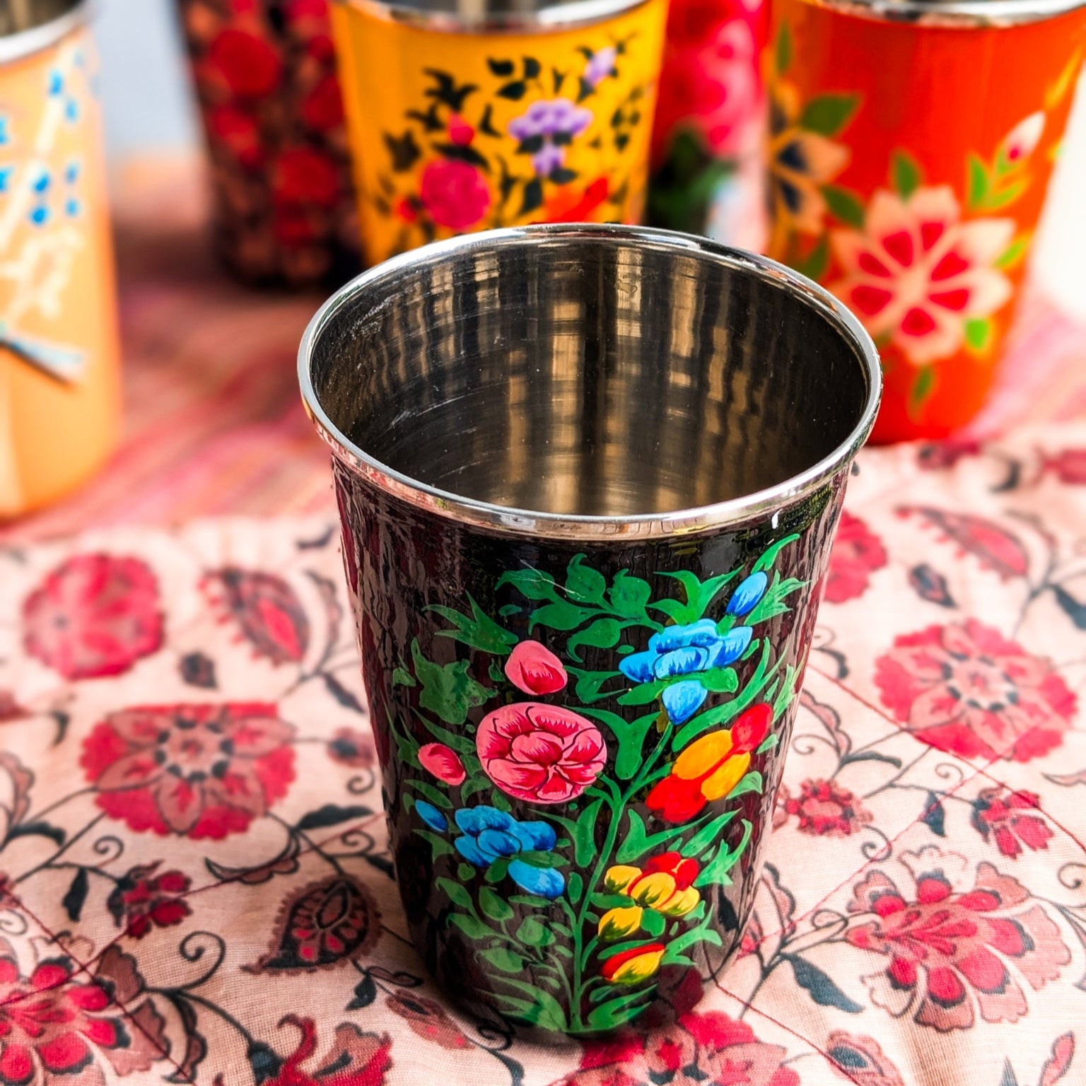 Hand-Painted Stainless Steel Tumblers, Food Safe Kashmiri Hand Painted 400ml Drinking Cups