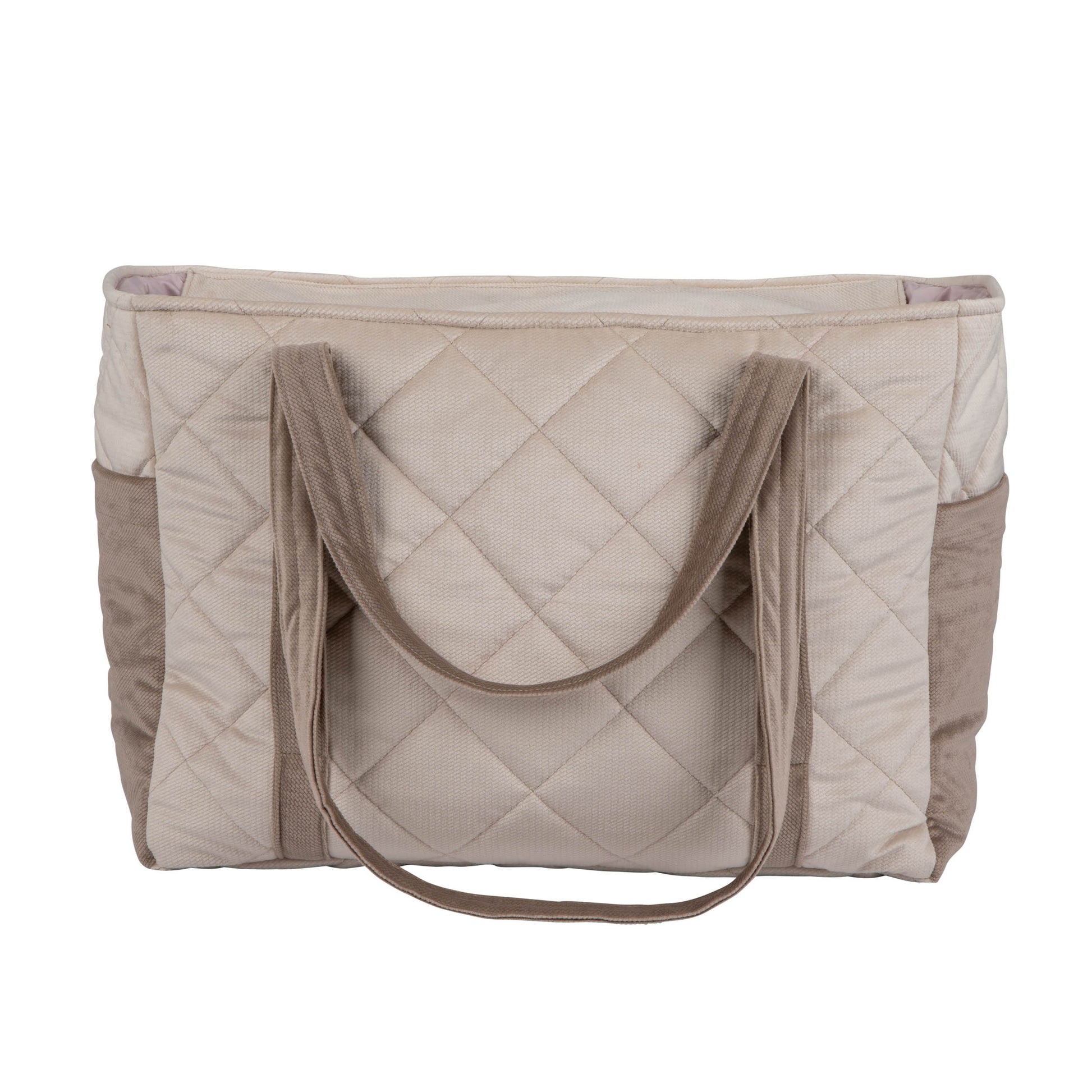 soft beige mom weekender bag with velvet texture and dual straps, resting on a cozy linen backdrop