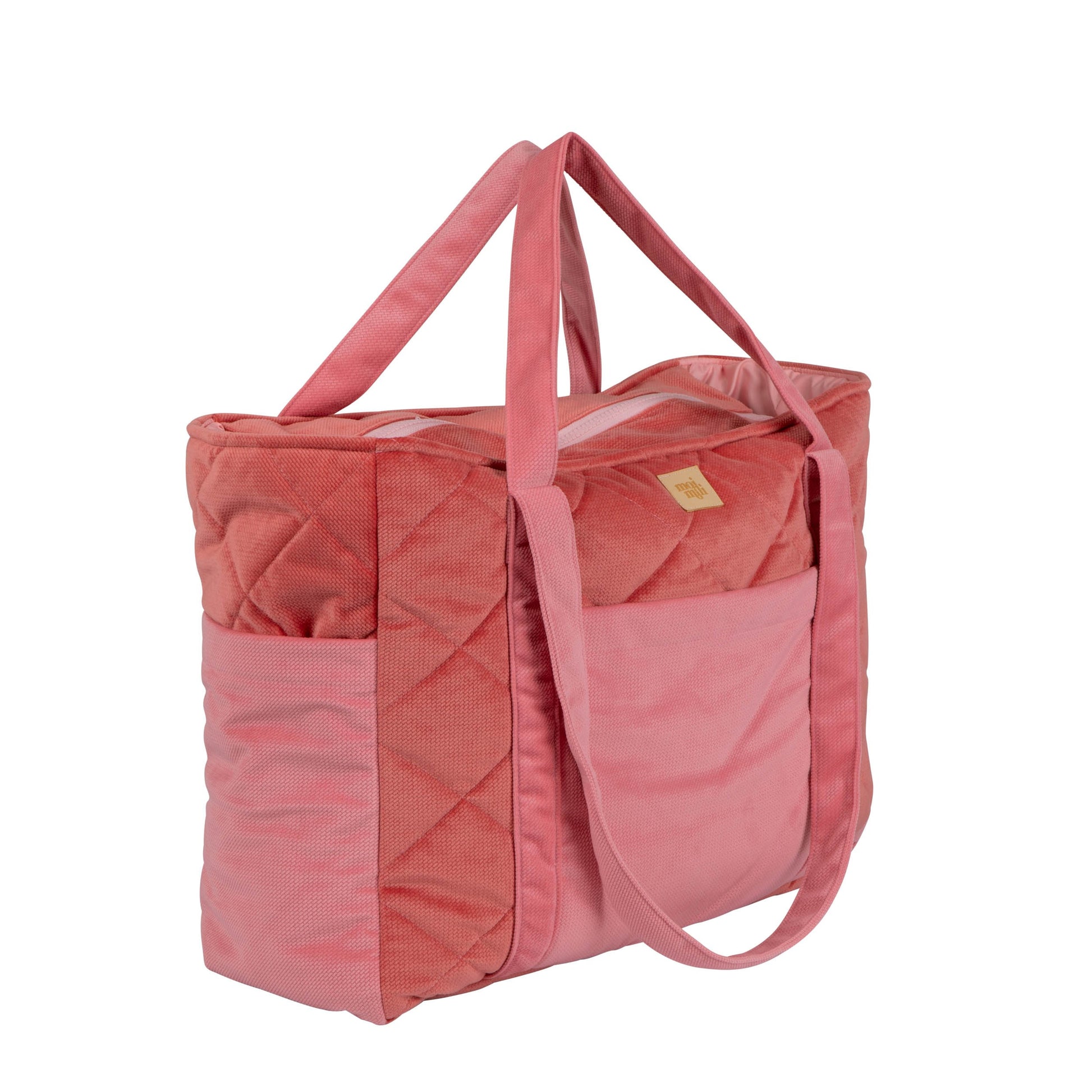 bold candy-pink velvet weekender bag with multiple pockets, perfect for moms on the go