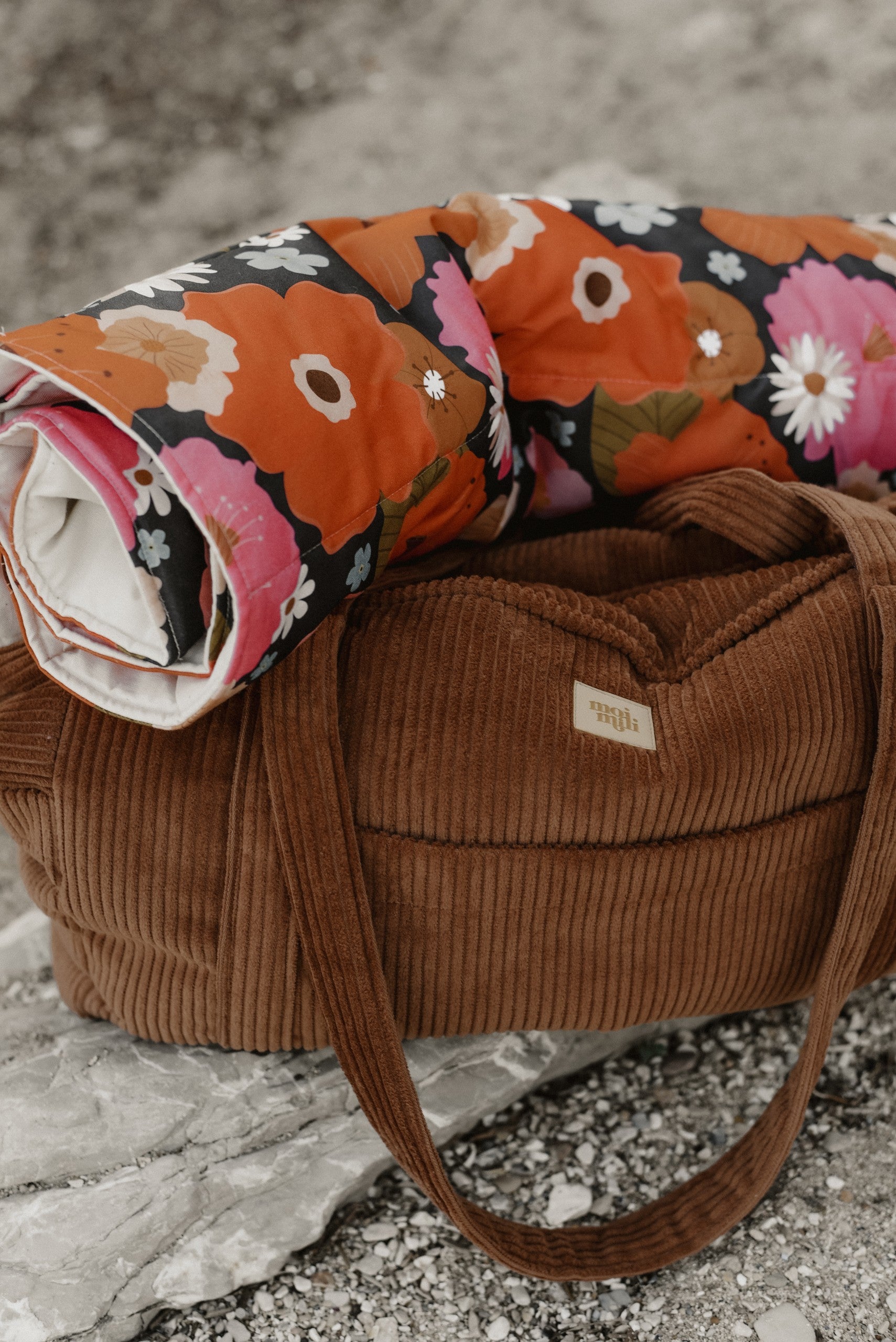 bold caramel weekender bag with velvet texture and multiple pockets, perfect for moms on the go