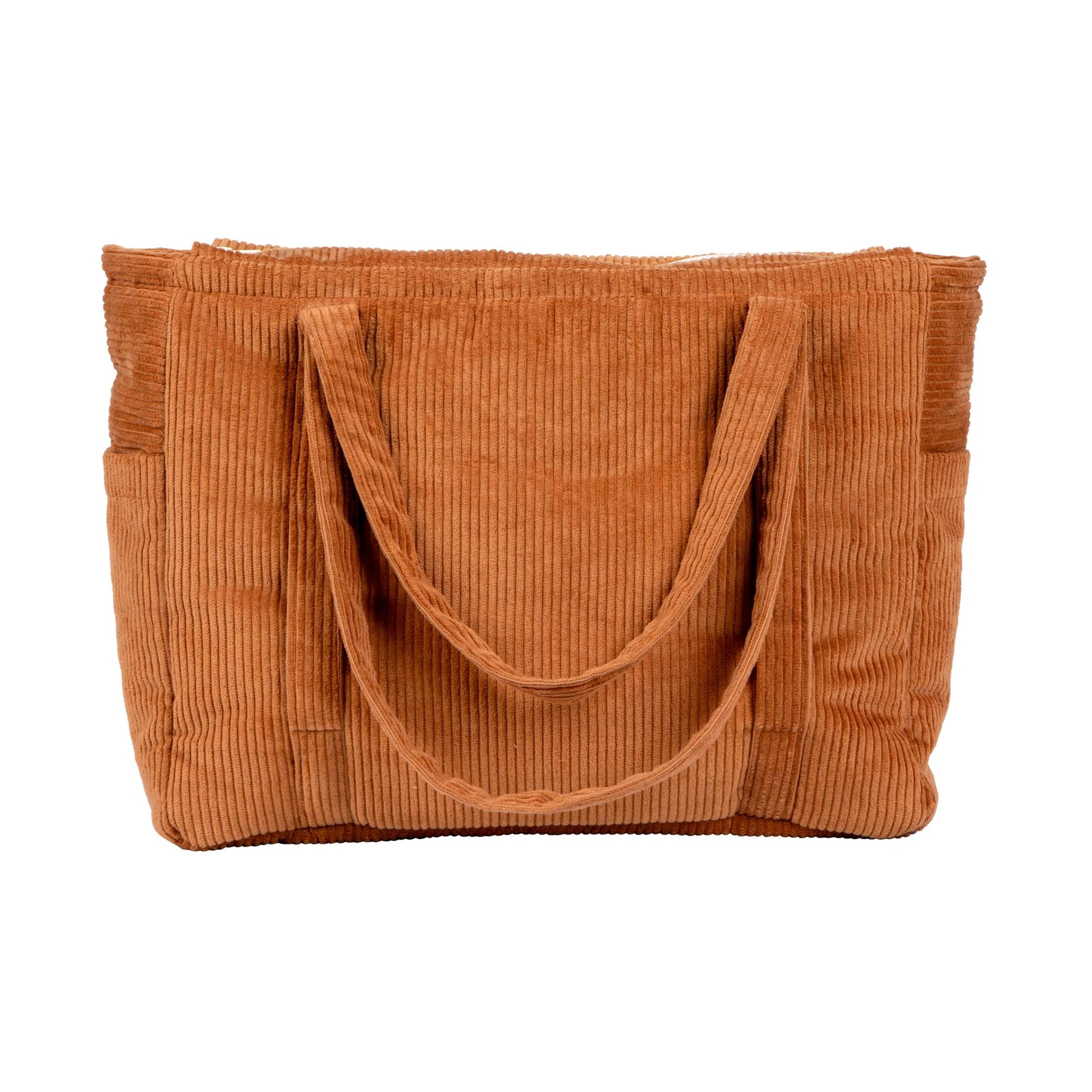 soft caramel weekender bag with velvet texture, open to show inner pockets, bathed in warm sunlight