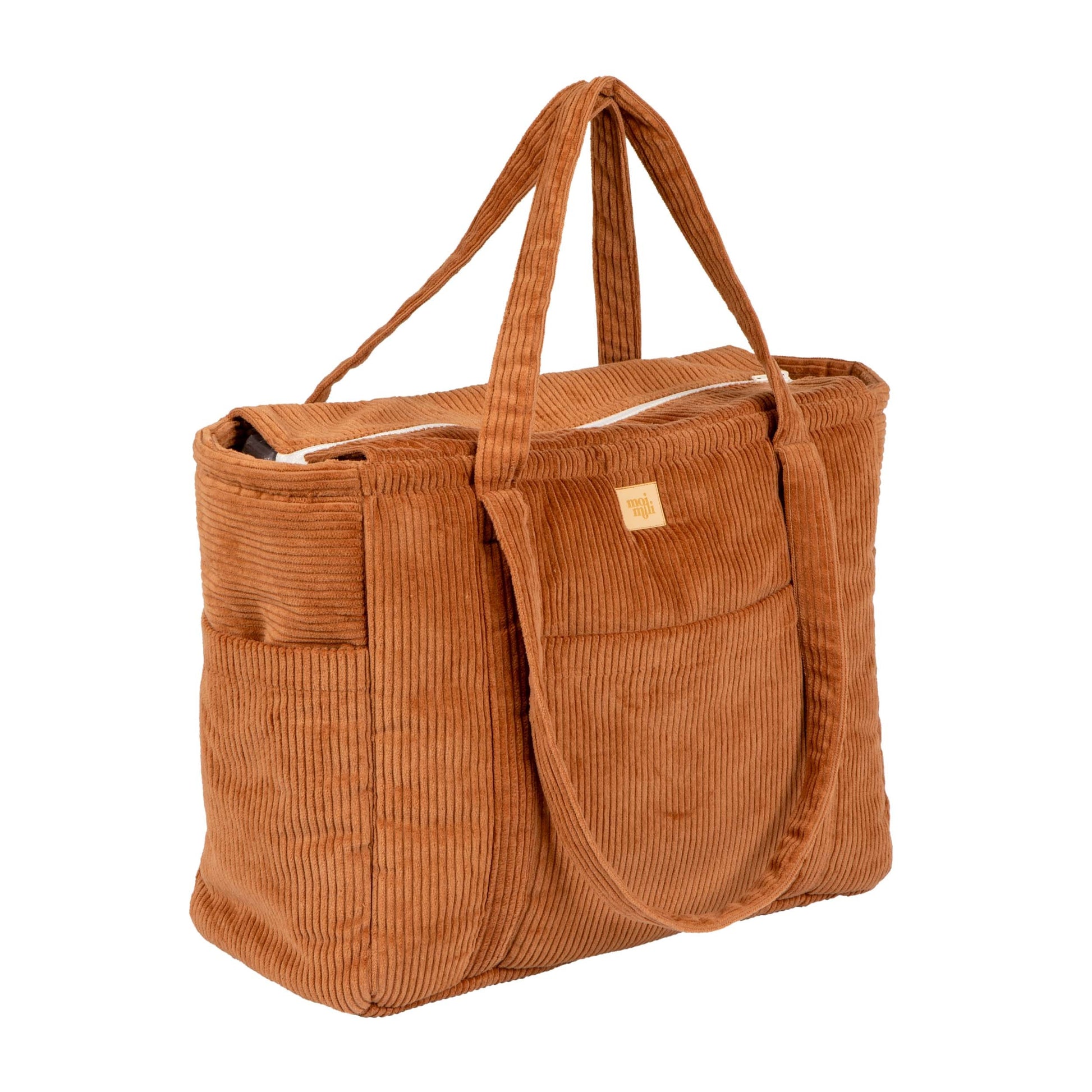 functional caramel weekender bag with velvet exterior, waterproof lining, and multiple pockets for mom essentials