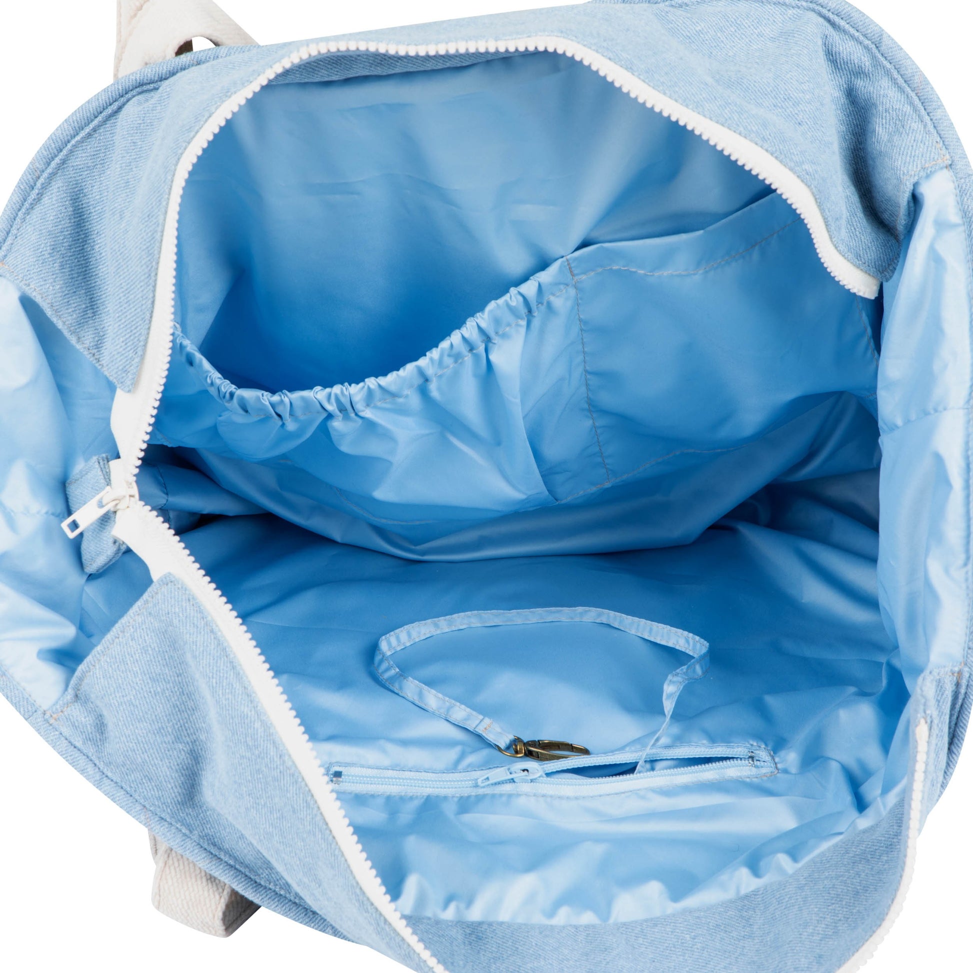 playful blue jeans weekender bag with velvet accents, open to show roomy pockets and waterproof lining
