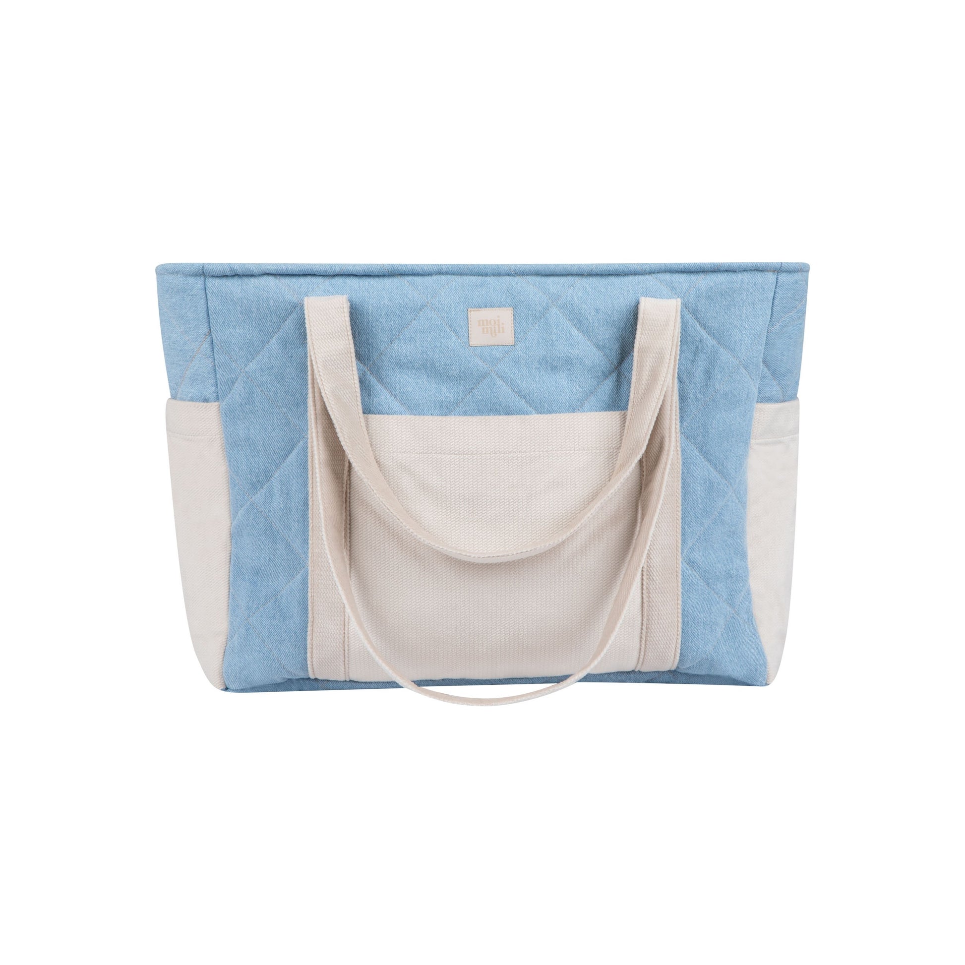 stylish blue jeans weekender bag with velvet accents, open to show roomy interior and multiple pockets