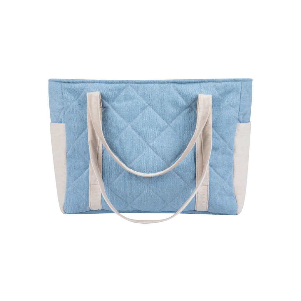 functional denim weekender bag with velvet trim, multiple pockets, and adjustable straps for moms on the go