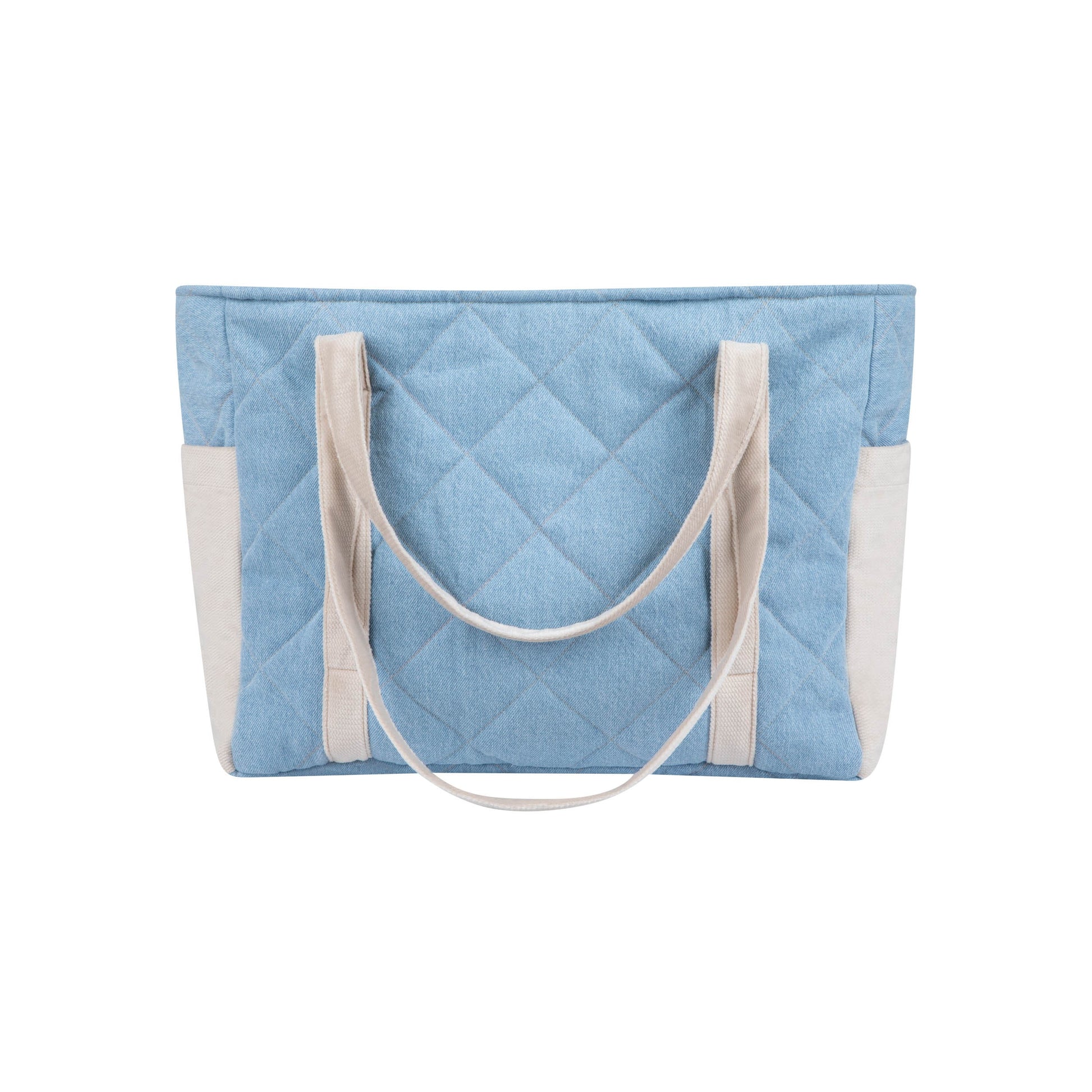 functional denim weekender bag with velvet trim, multiple pockets, and adjustable straps for moms on the go