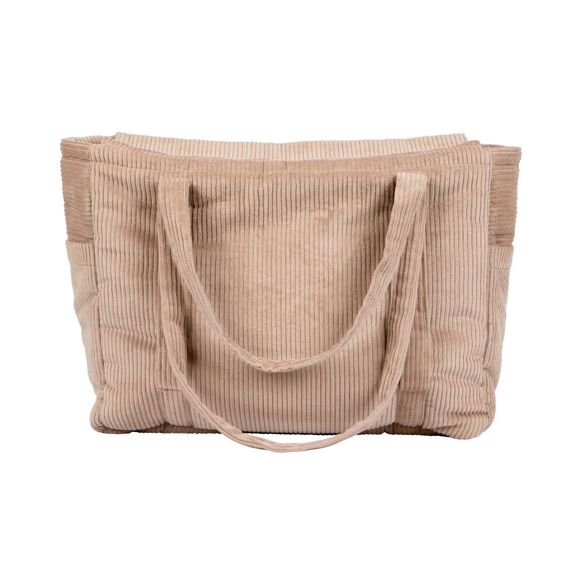 bold latte weekender bag with velvet texture, open to show spacious pockets and sleek zipper