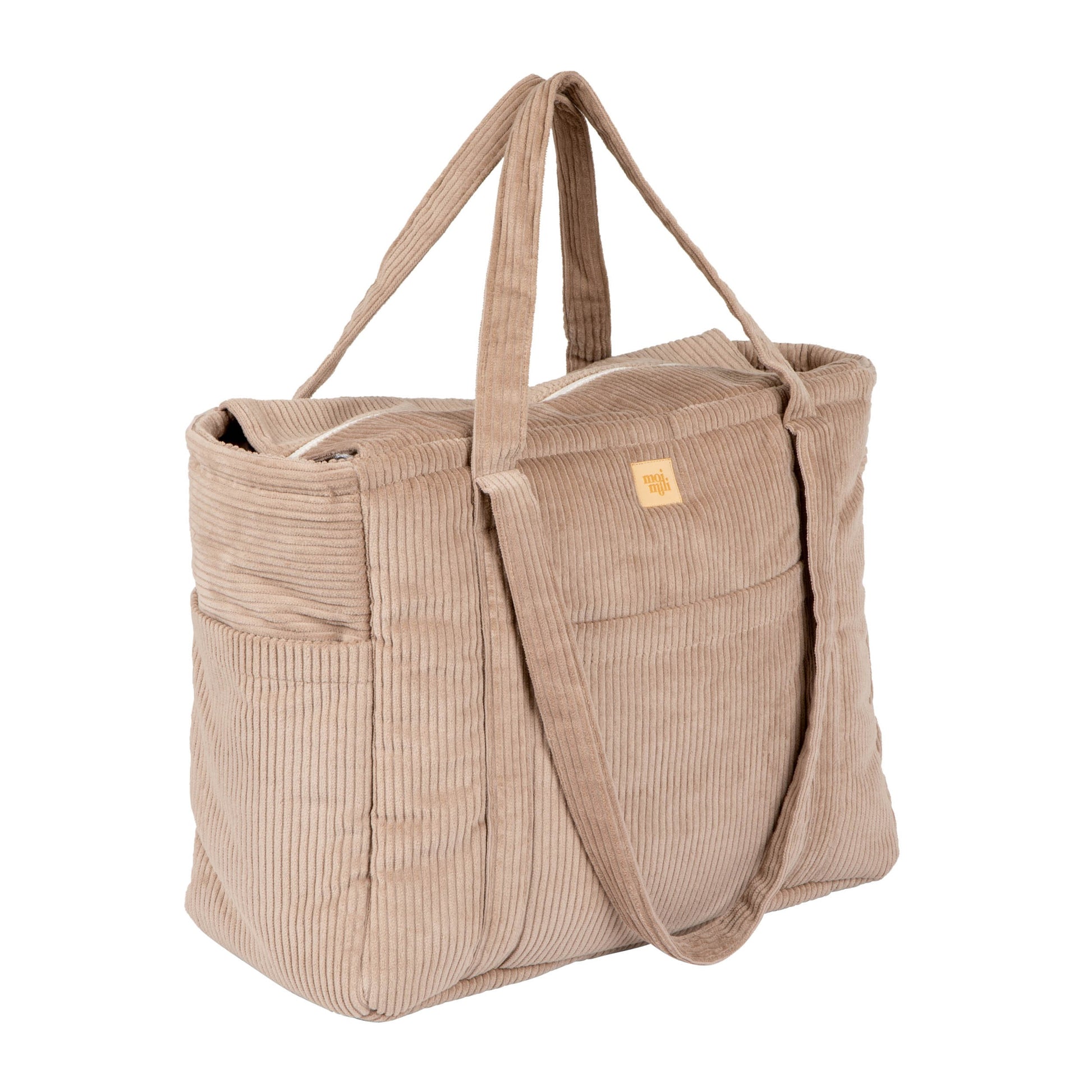 soft latte velvet weekender bag with dual straps and multiple pockets, perfect for moms on the go