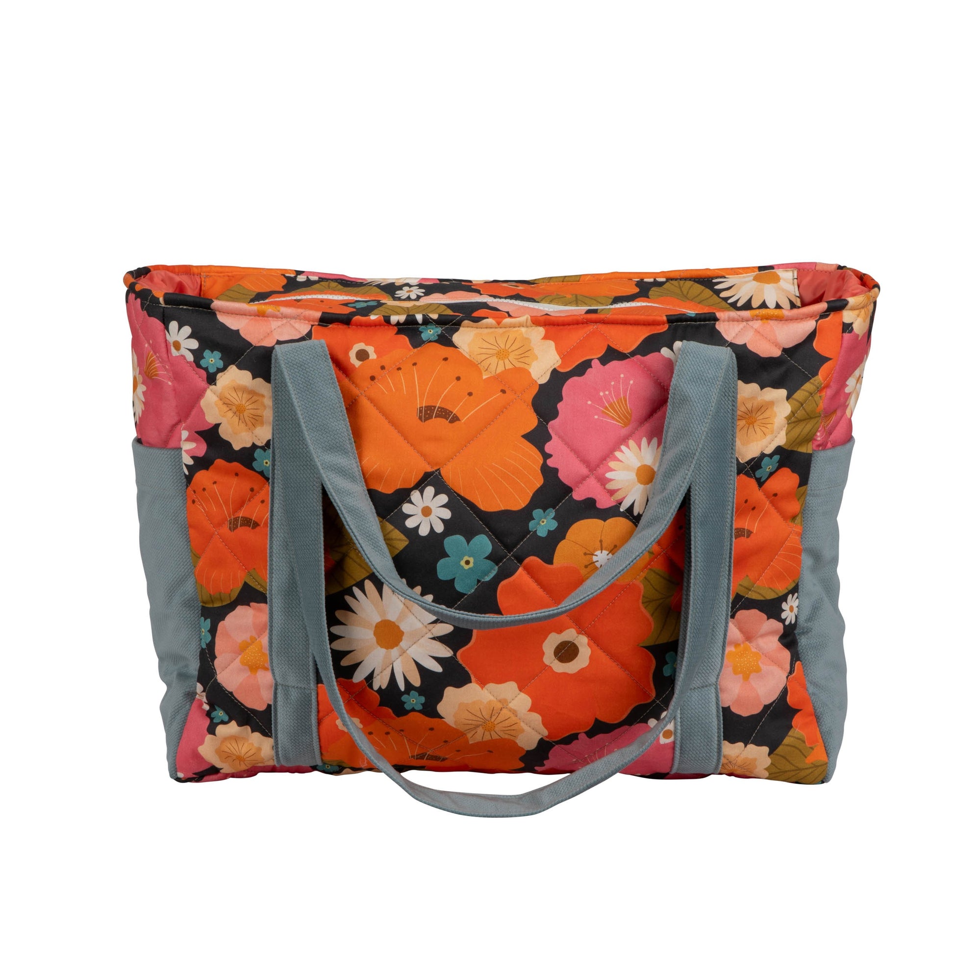 functional floral weekender bag with velvet exterior and waterproof lining, showcasing three inner pockets