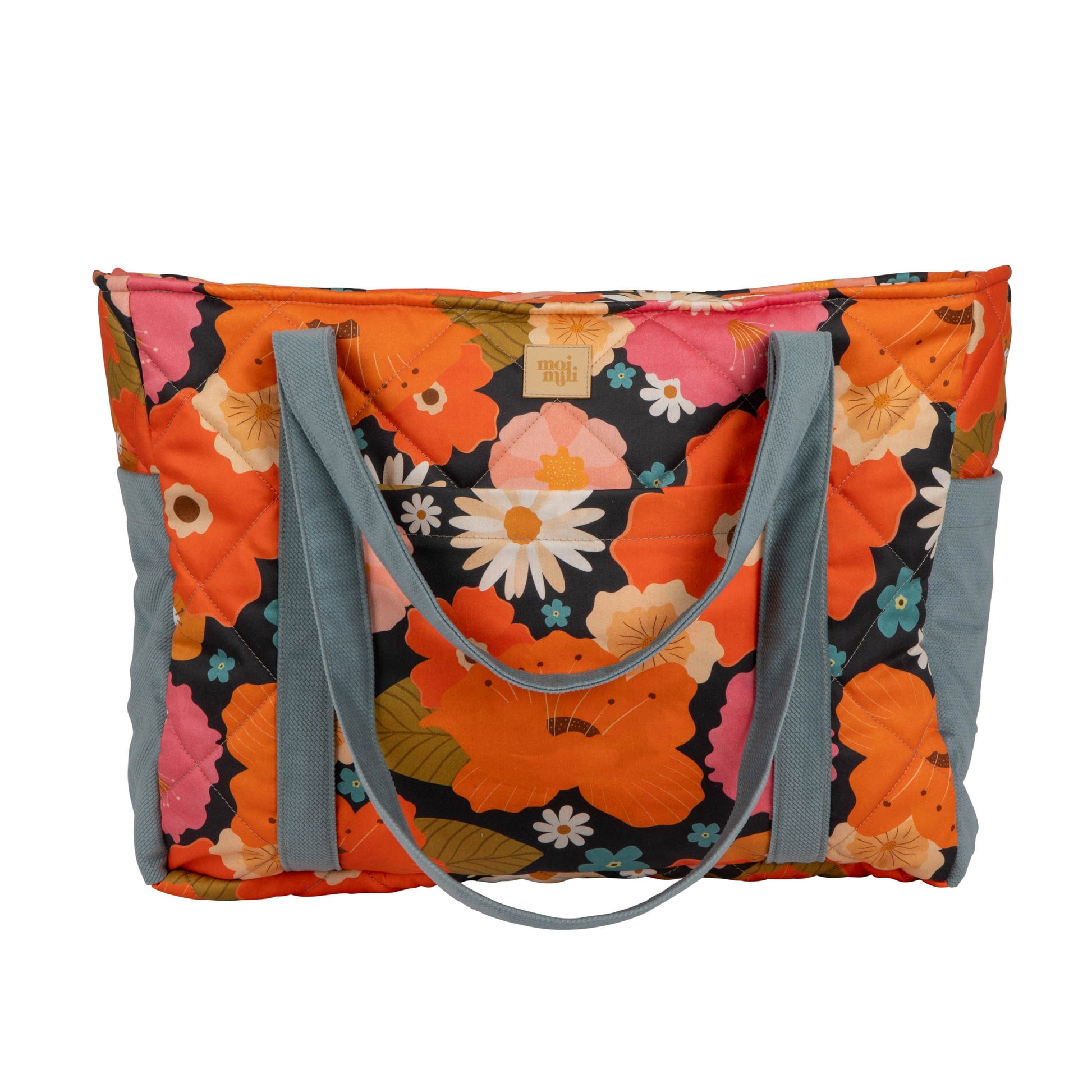 handmade floral picnic weekender bag with velvet fabric and waterproof lining, open to show inner pockets