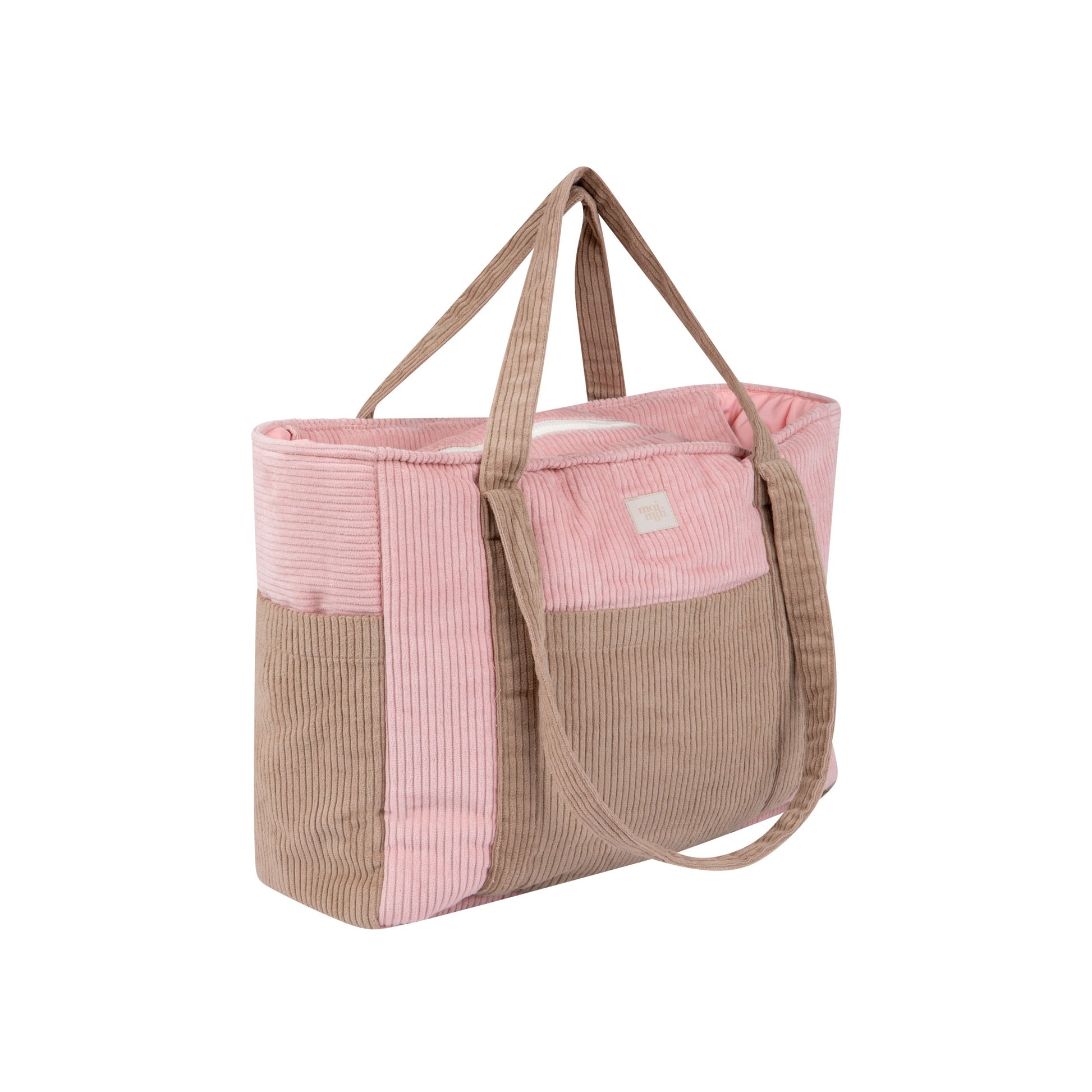 pink coffee weekender bag with velvet texture and waterproof lining, shown in soft morning light