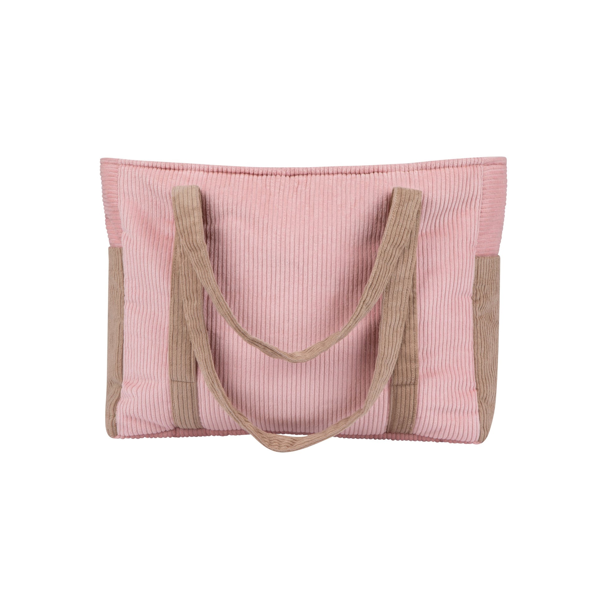 pink coffee weekender bag with velvet texture and dual straps, laid on a rustic wooden bench with soft morning light