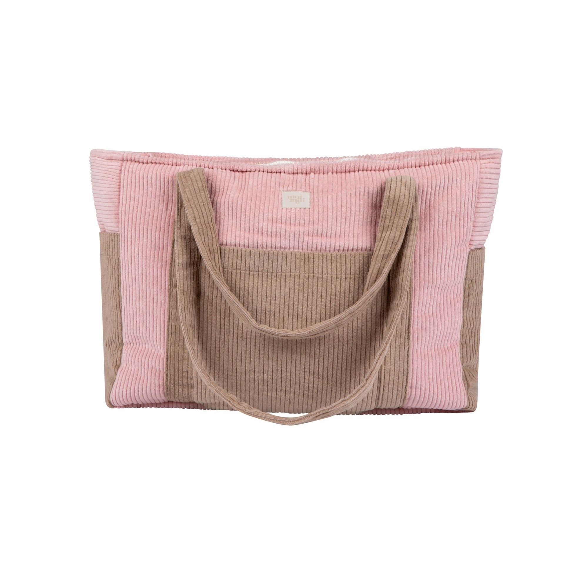 soft pink coffee weekender bag with velvet texture, open to show inner pockets, resting on a cozy chair
