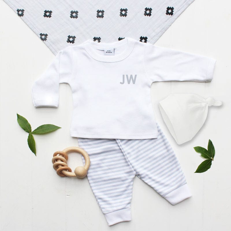 Monogram Baby's Initials Personalise Grey Stripe Outfit & Hat