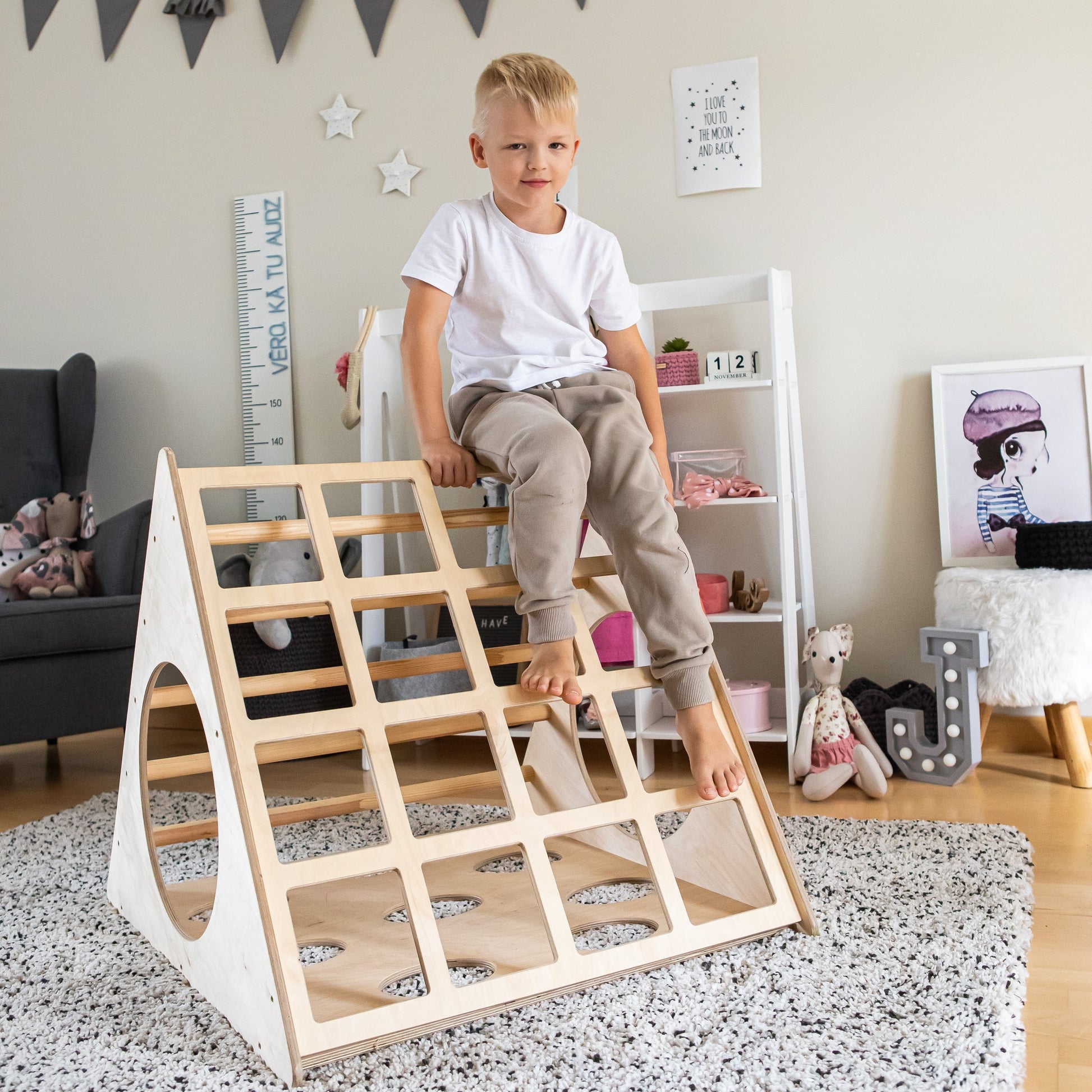 bold montessori 3-angle climber in natural birch plywood, showcasing sturdy design for active toddler play