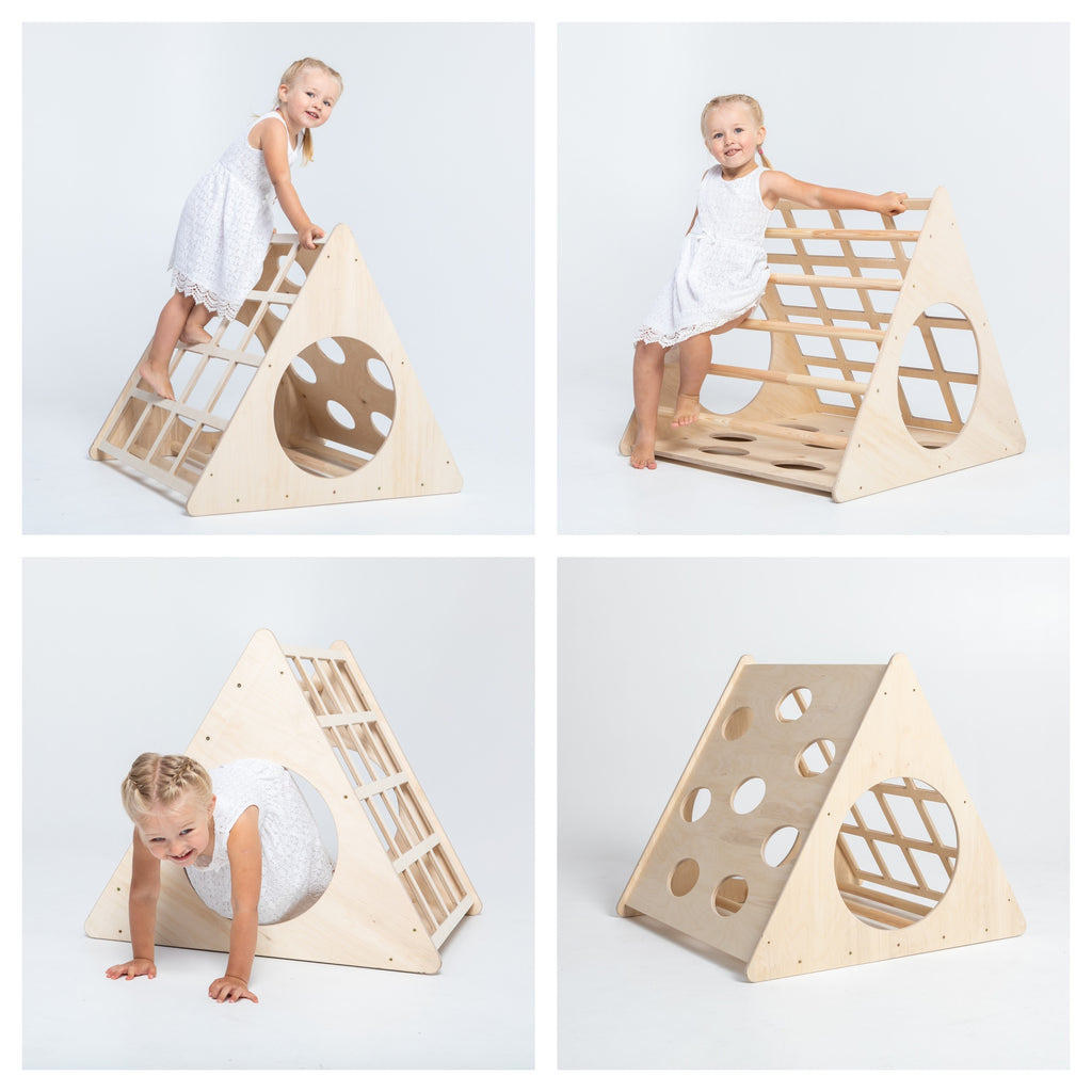 montessori 3-angle climber in a bright playroom, showcasing its sturdy birch plywood frame and smooth rungs for safe toddler climbing