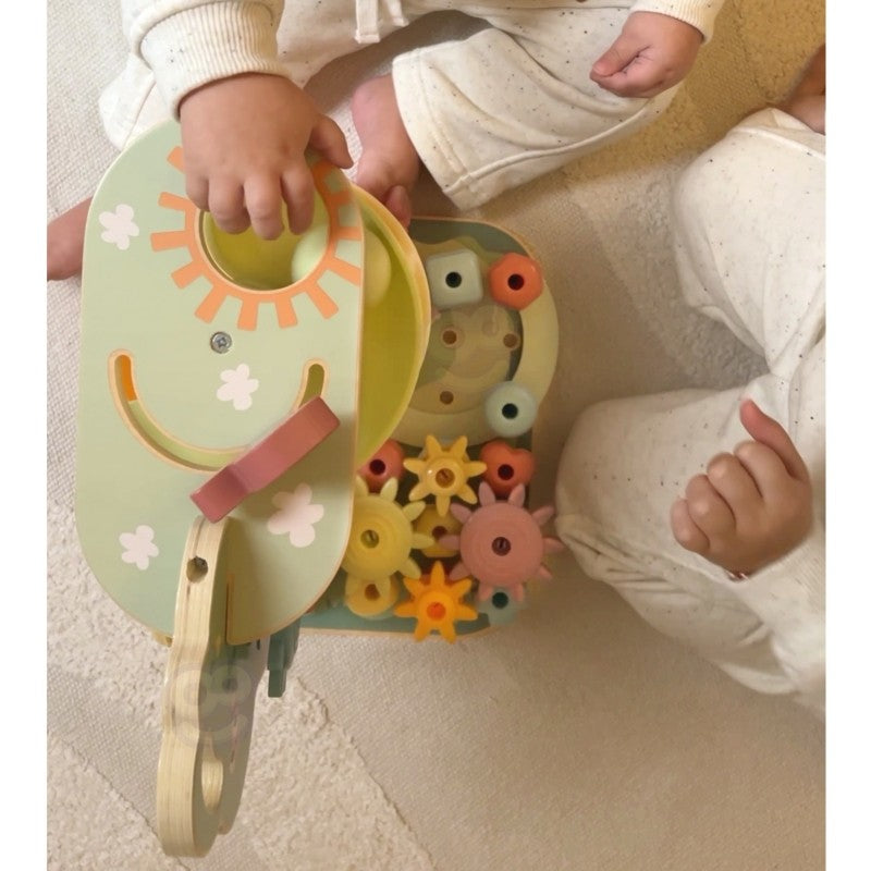 close-up of the montessori 4-in-1 ball track activity tree showing the compact 30x30cm design and smooth wooden gears