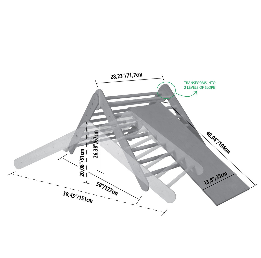 montessori climbing triangle with ramp folded for storage, showcasing sleek birch plywood and compact design
