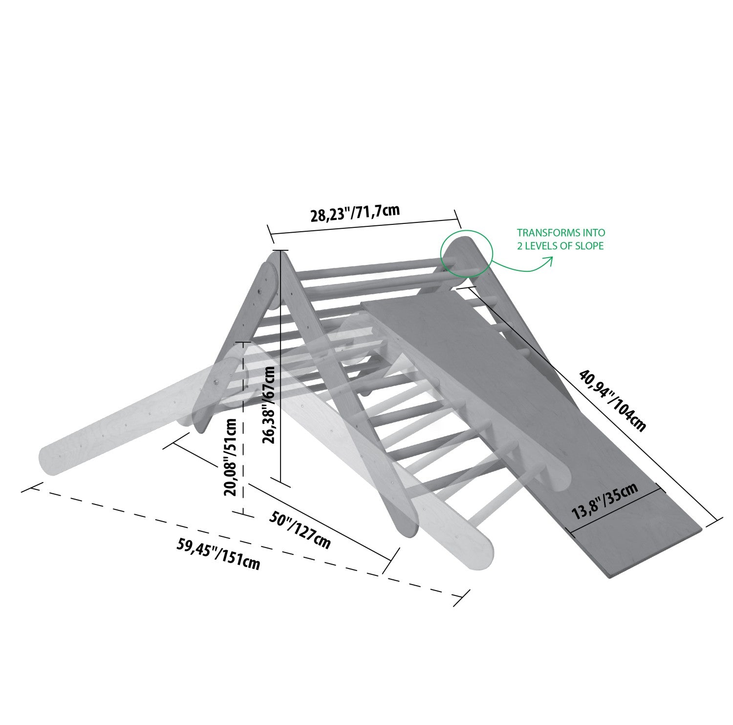 montessori climbing triangle with ramp folded for storage, showcasing sleek birch plywood and compact design
