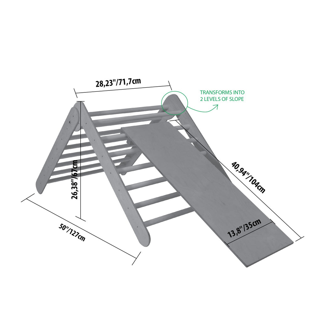montessori climbing triangle with ramp in a cozy playroom, soft natural light highlighting the birch plywood texture