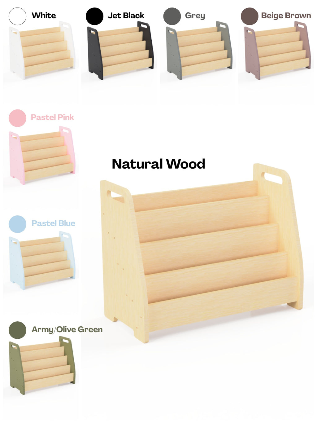 a functional kids book stand with four tiers of front-facing books in a bright reading nook