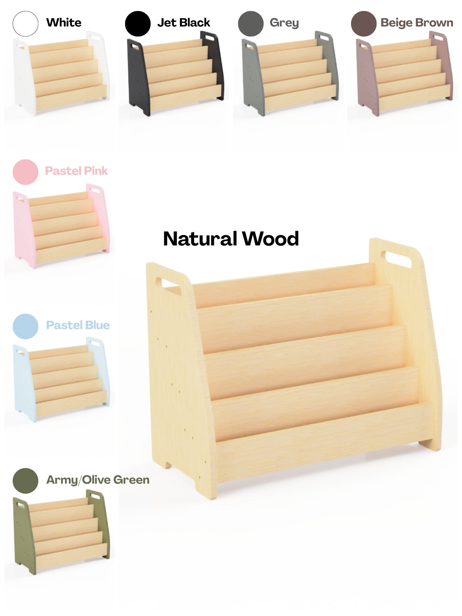 a functional kids book stand with four tiers of front-facing books in a bright reading nook